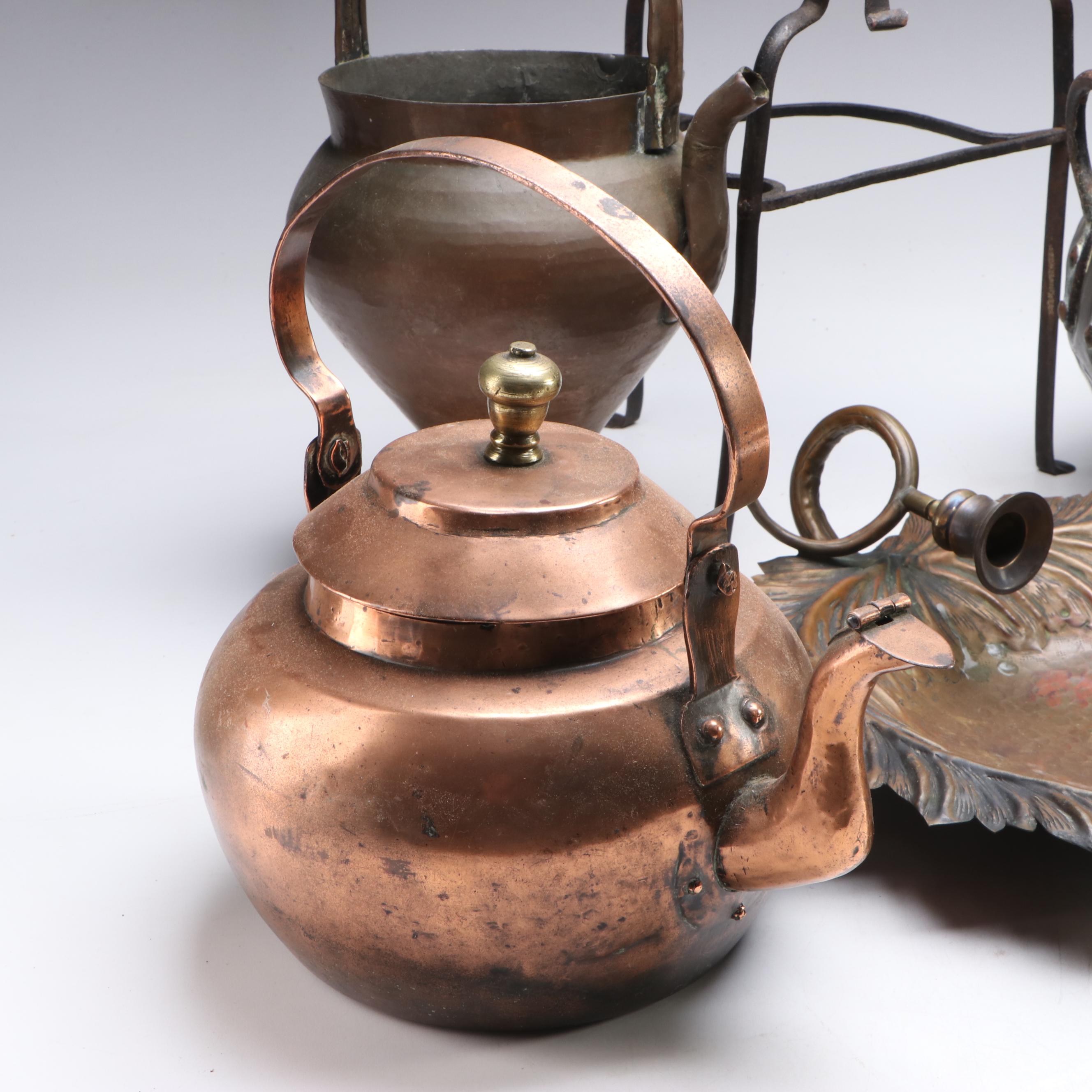 English Brass Candlesticks with Kettle and More, 18th to 19th Century