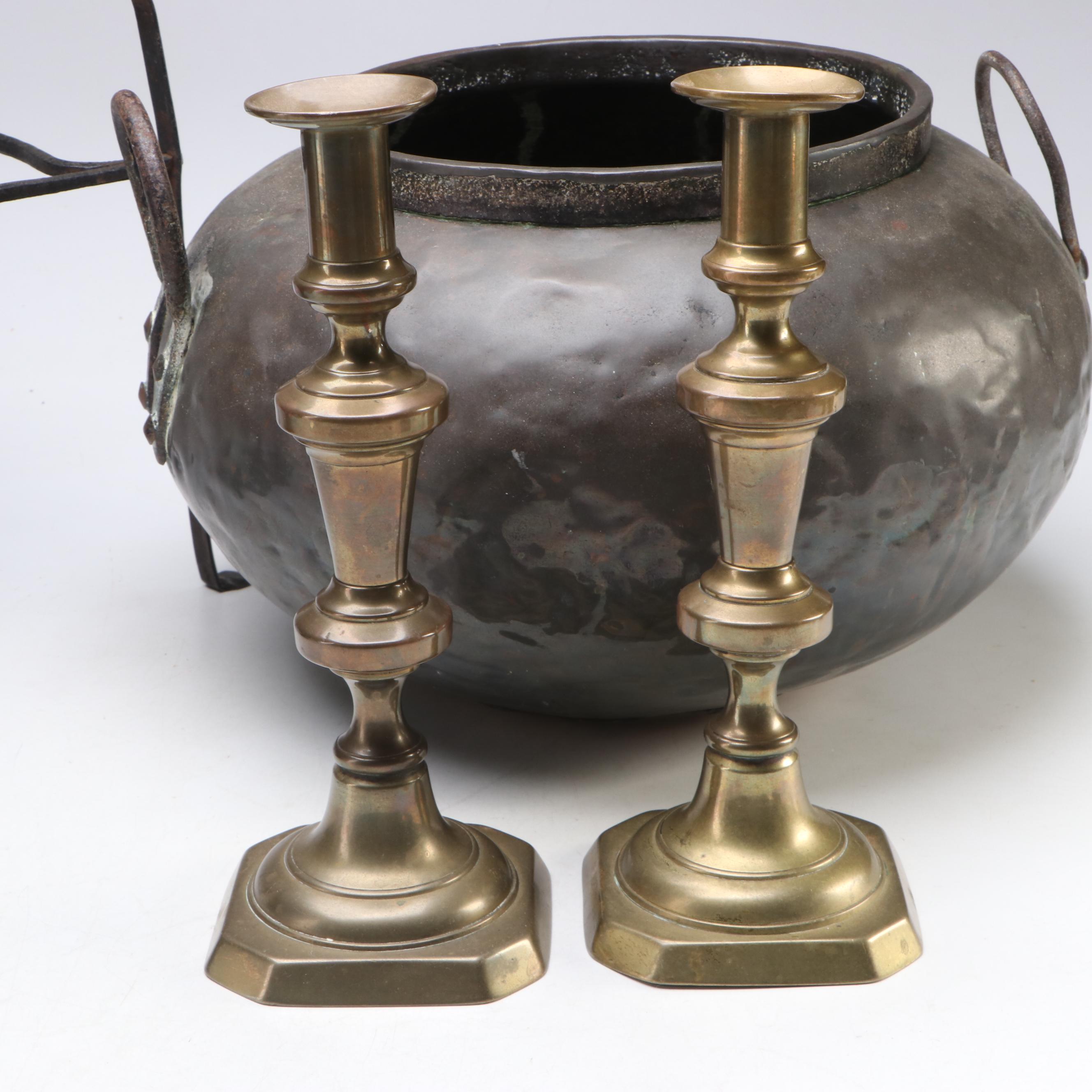 English Brass Candlesticks with Kettle and More, 18th to 19th Century