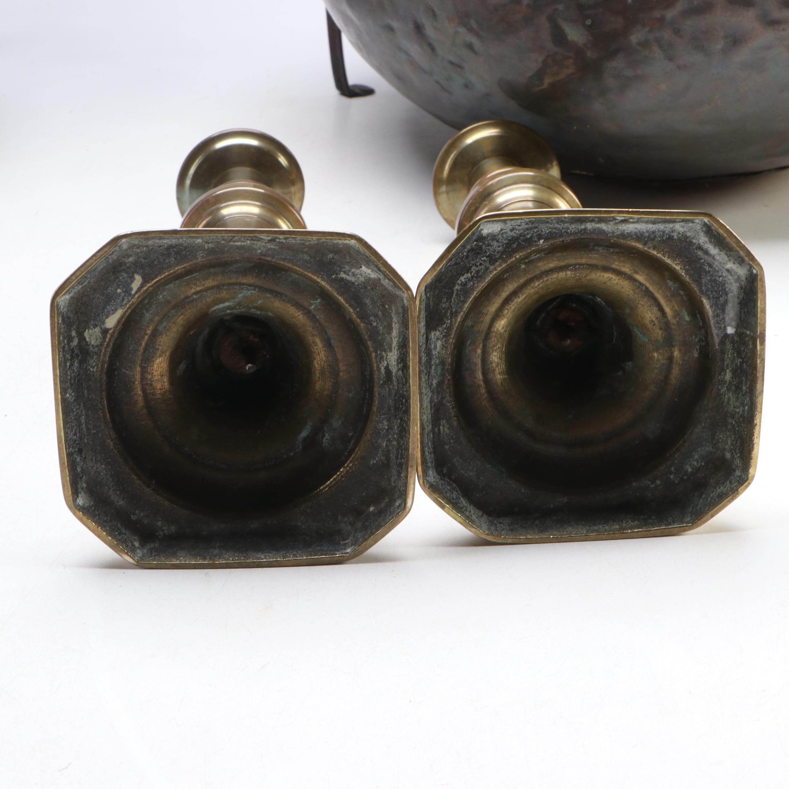 English Brass Candlesticks with Kettle and More, 18th to 19th Century