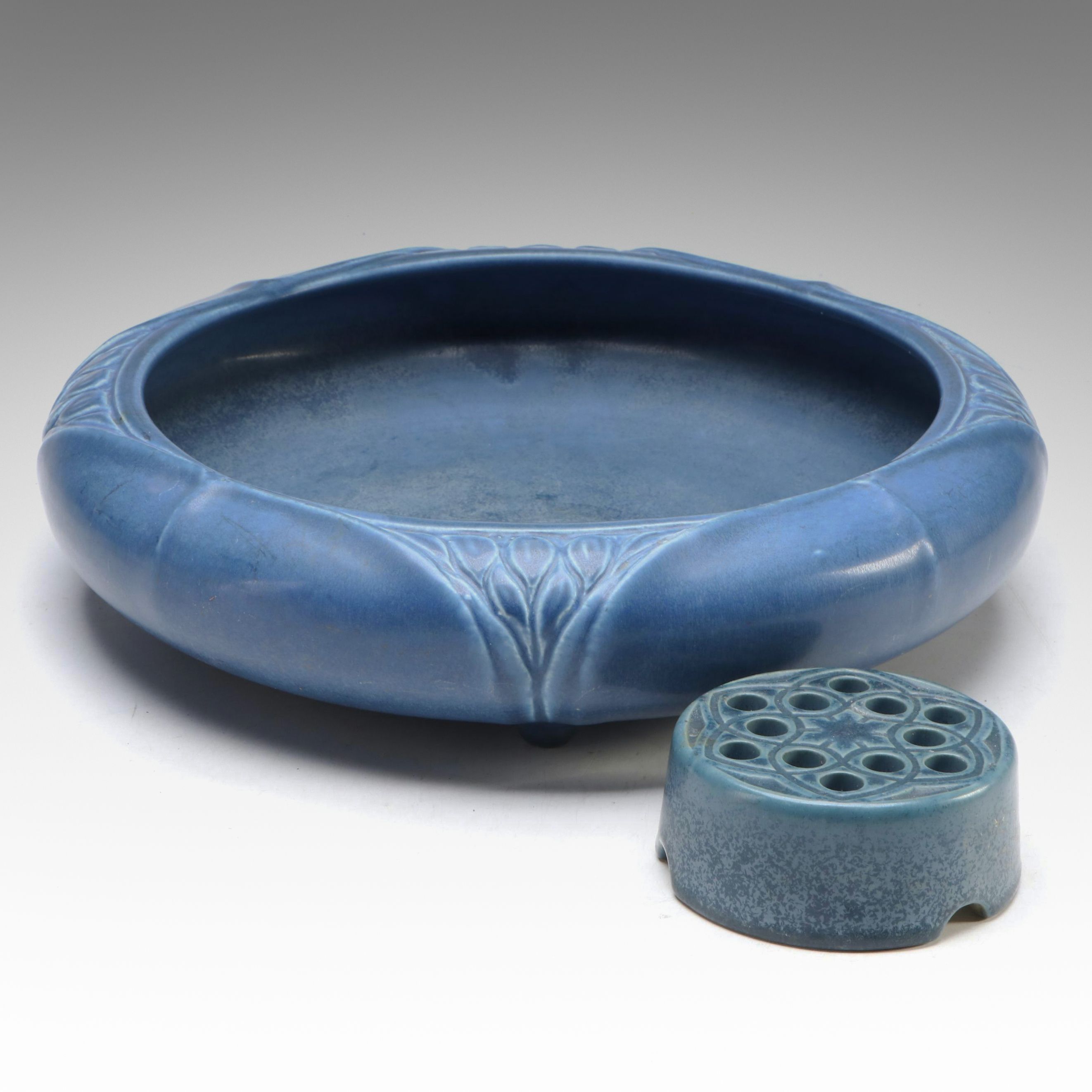 Rookwood Pottery Arts and Crafts Blue Console Bowl and Flower Frog