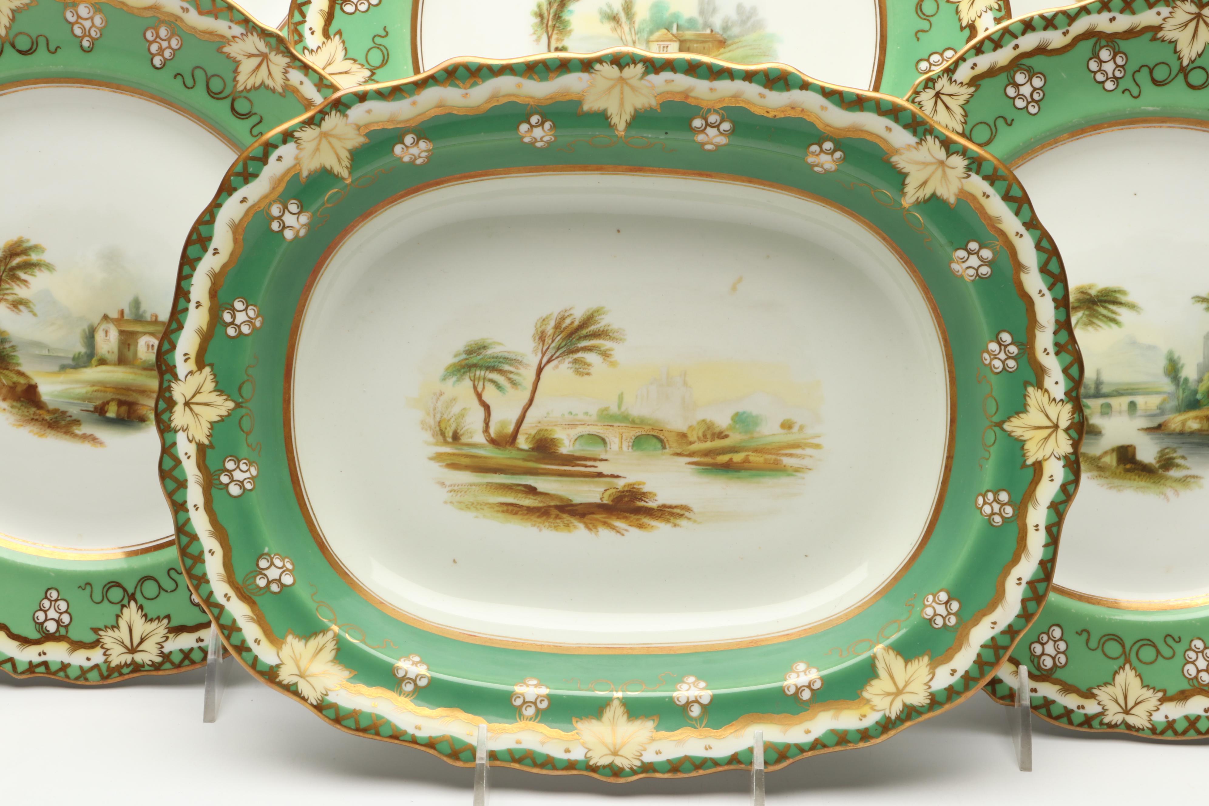 Gilt Porcelain Apple Green Scenic Casserole and Dinner Plates