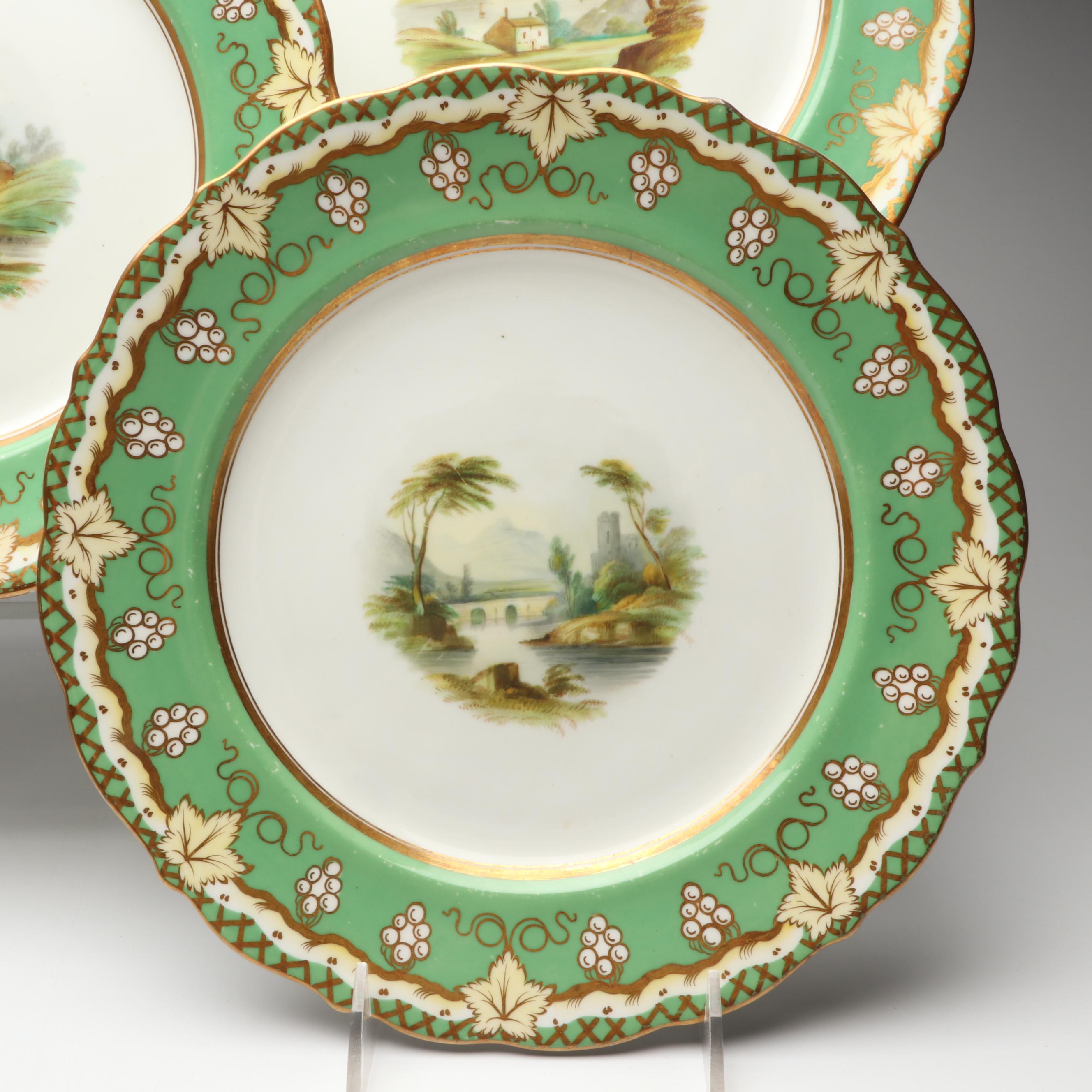 Gilt Porcelain Apple Green Scenic Casserole and Dinner Plates