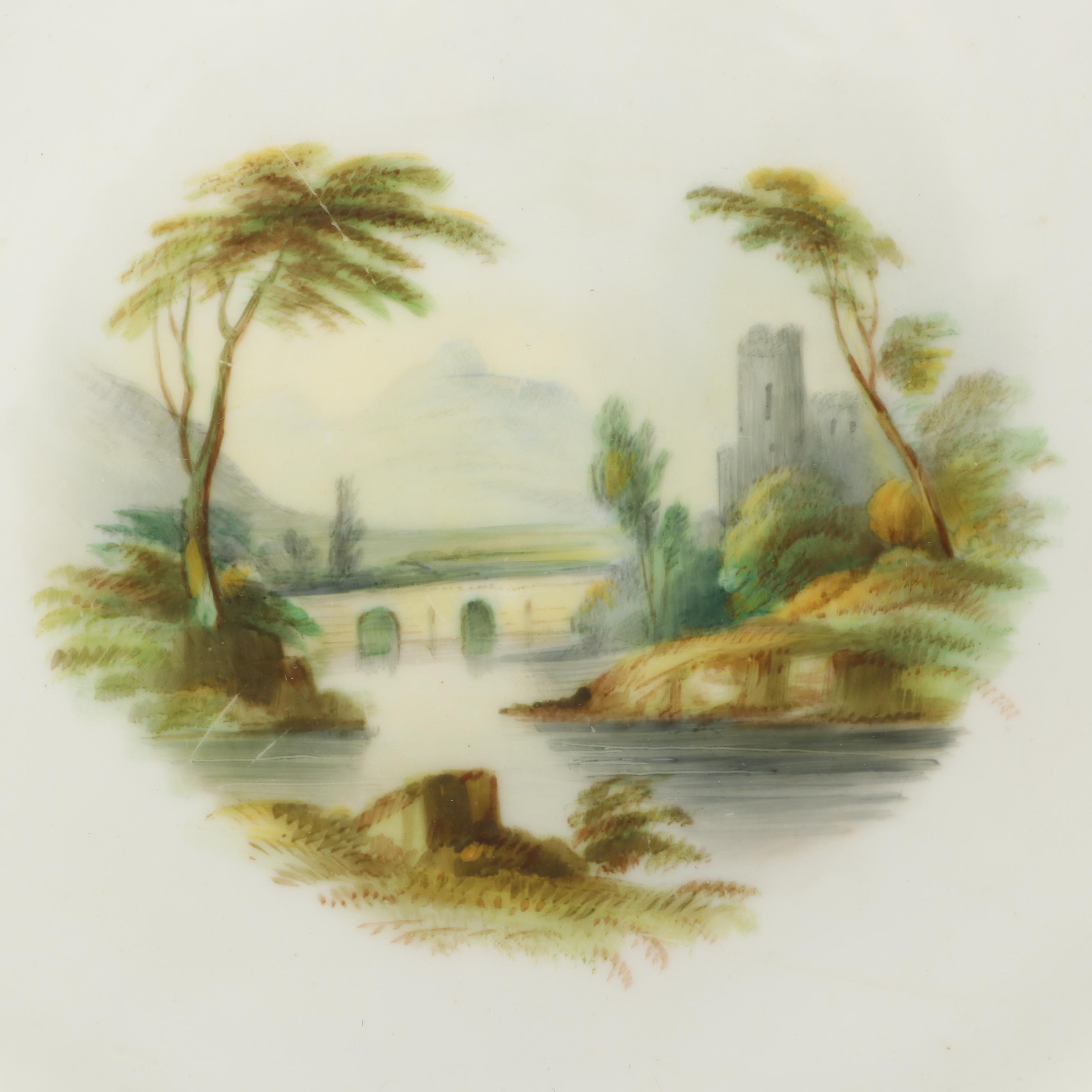 Gilt Porcelain Apple Green Scenic Casserole and Dinner Plates