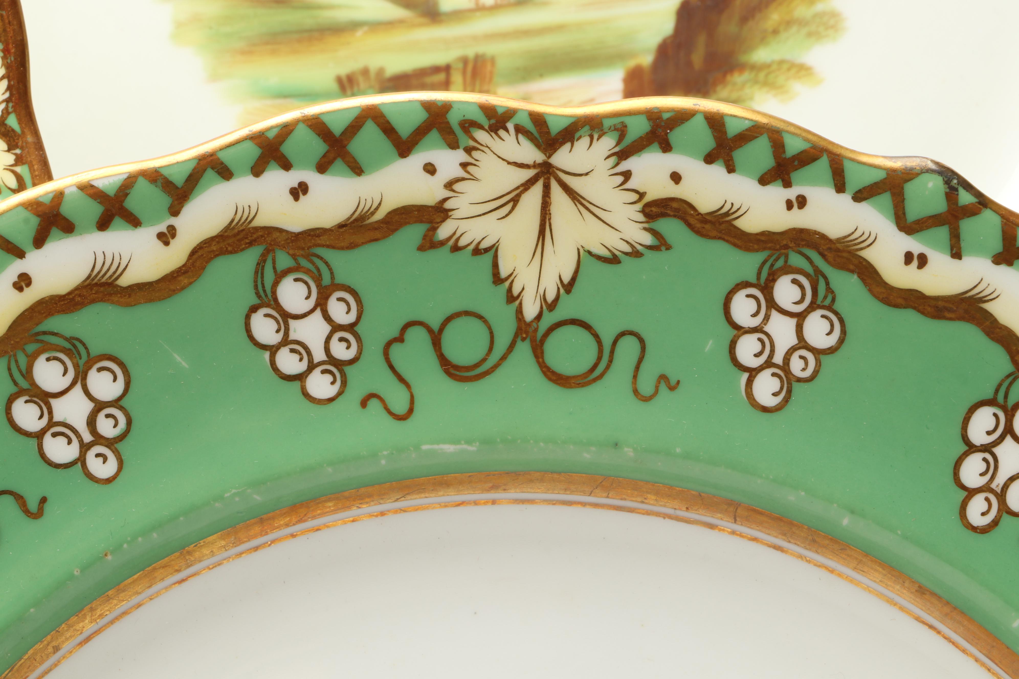 Gilt Porcelain Apple Green Scenic Casserole and Dinner Plates