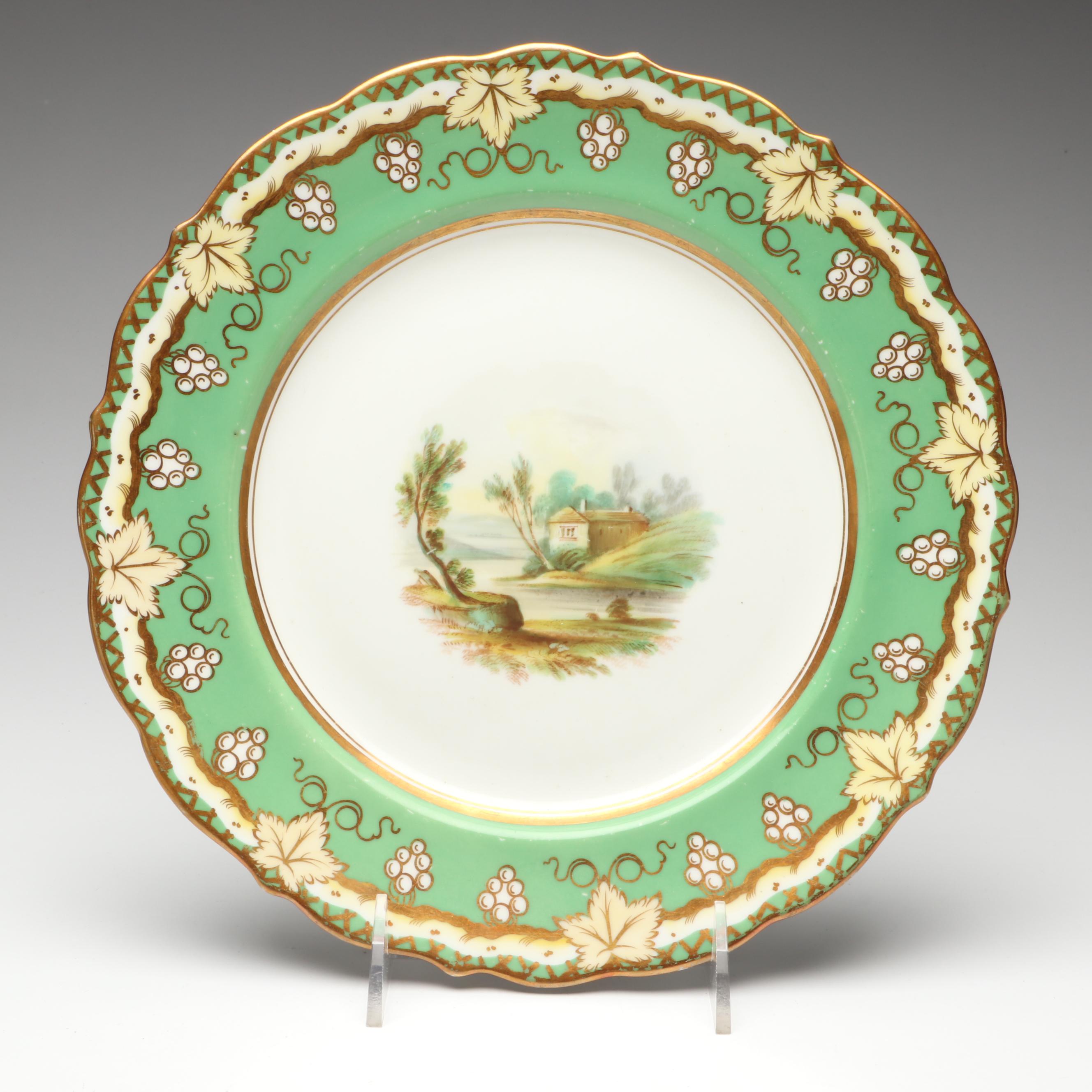 Gilt Porcelain Apple Green Scenic Casserole and Dinner Plates