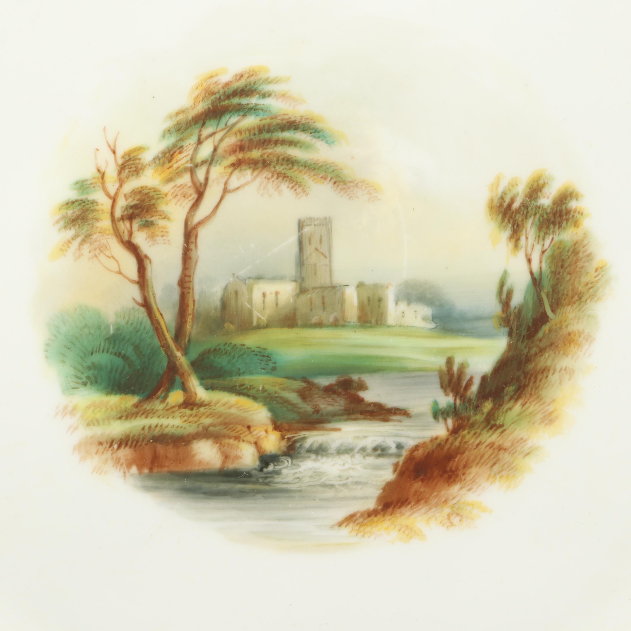 Gilt Porcelain Apple Green Scenic Casserole and Dinner Plates