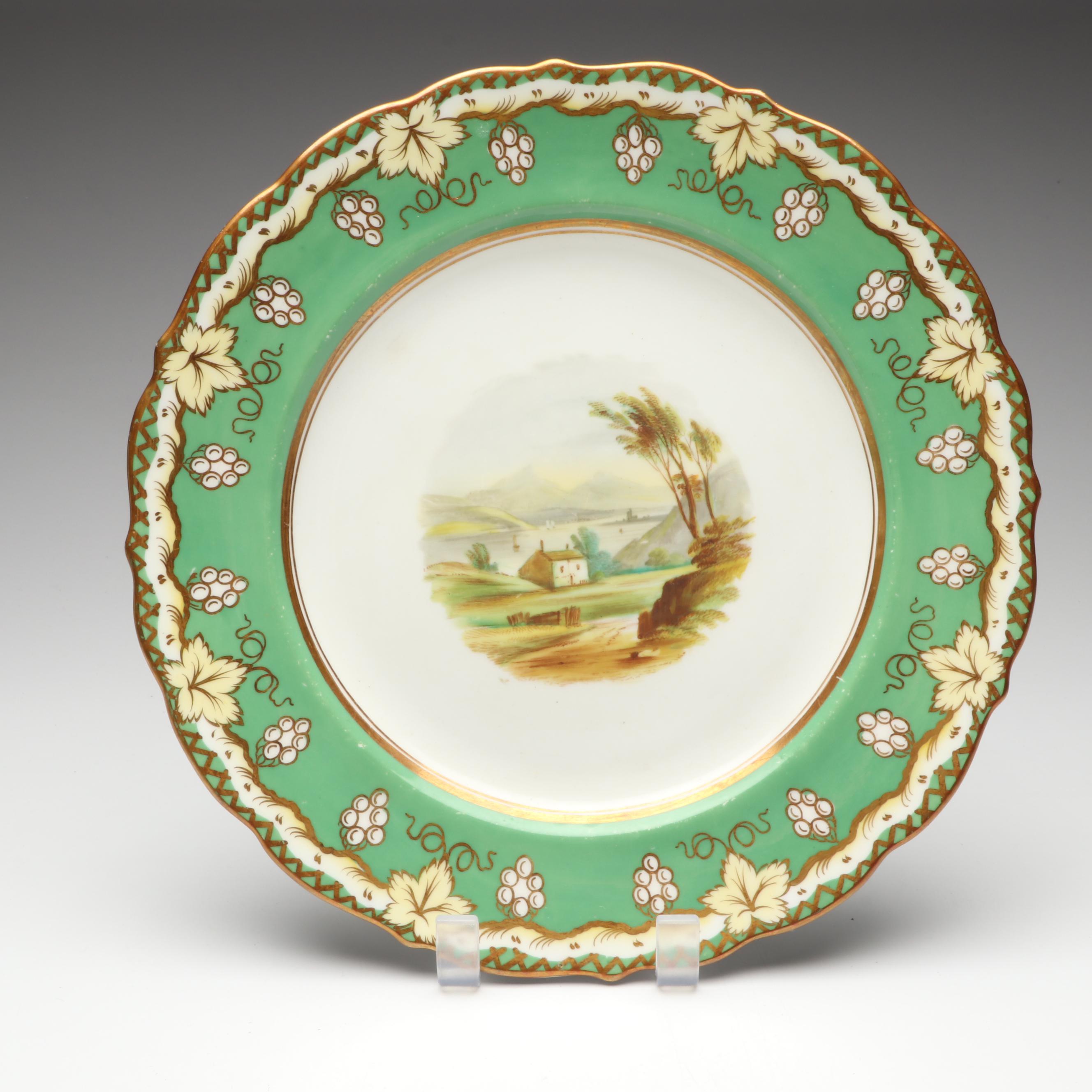 Gilt Porcelain Apple Green Scenic Casserole and Dinner Plates