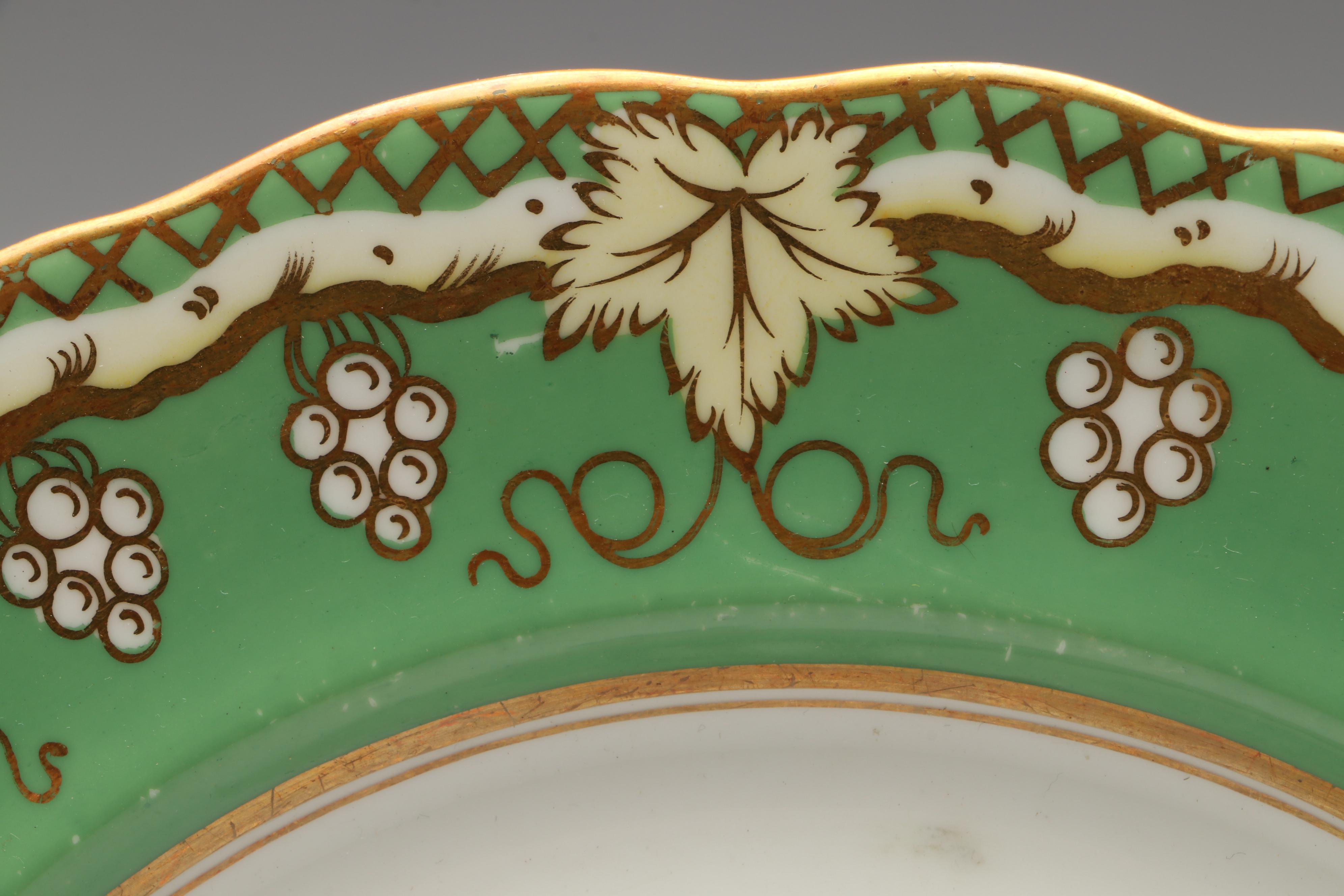 Gilt Porcelain Apple Green Scenic Casserole and Dinner Plates