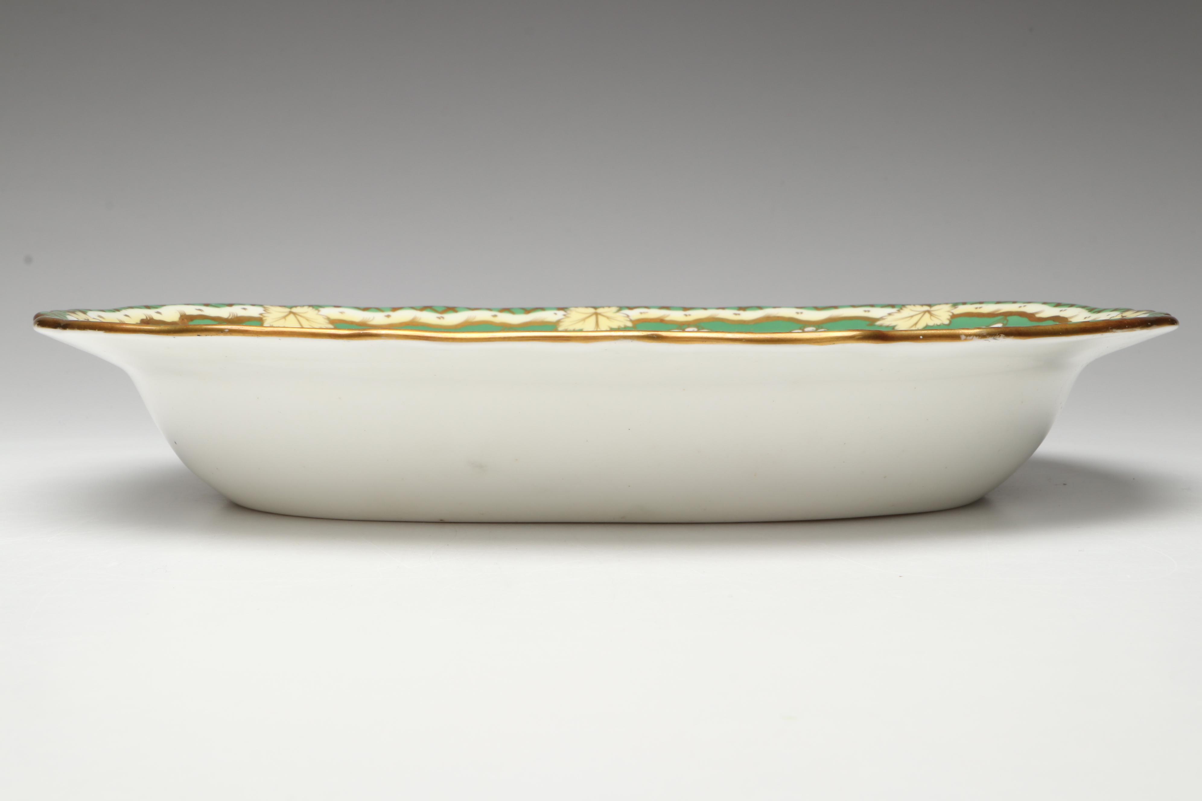 Gilt Porcelain Apple Green Scenic Casserole and Dinner Plates