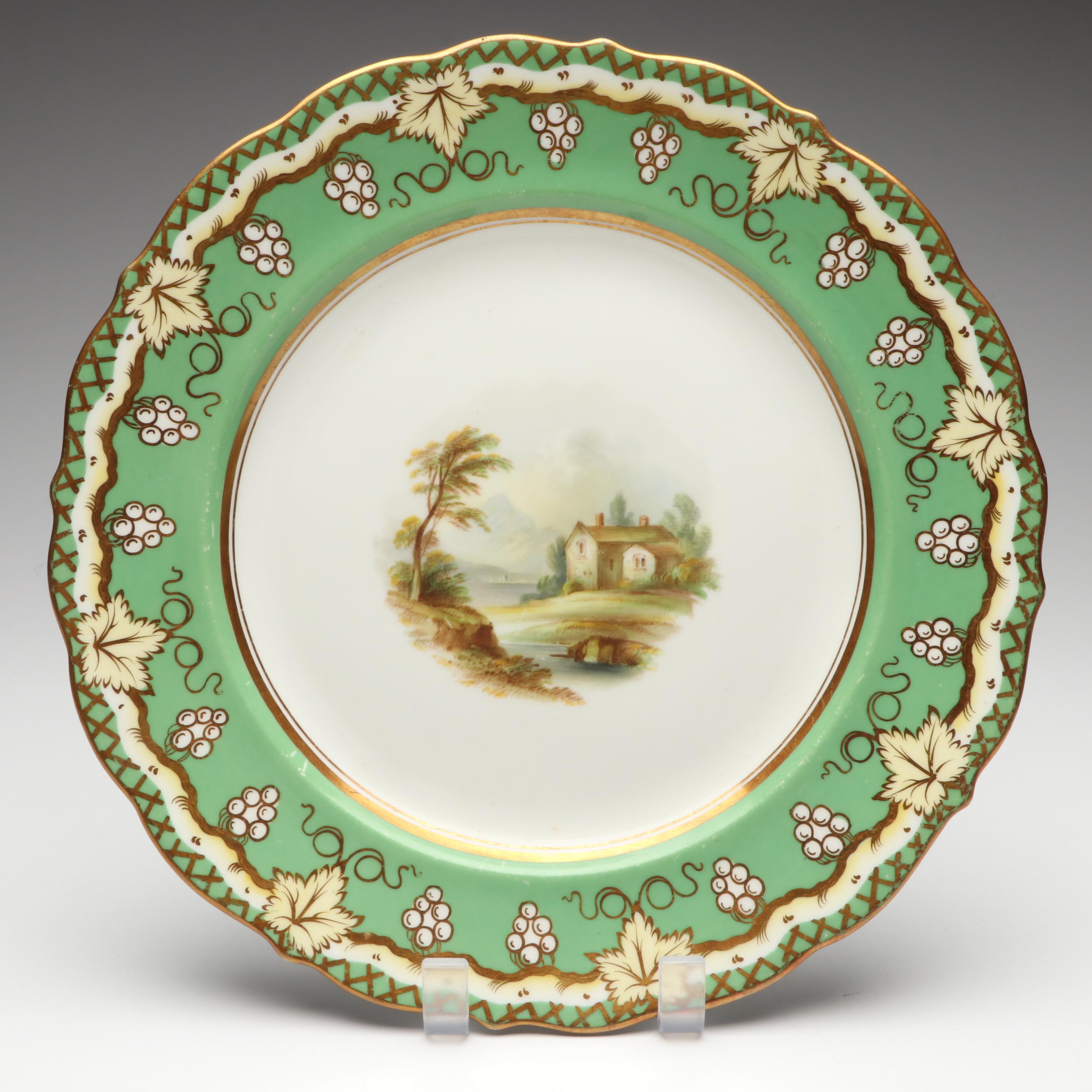 Gilt Porcelain Apple Green Scenic Casserole and Dinner Plates