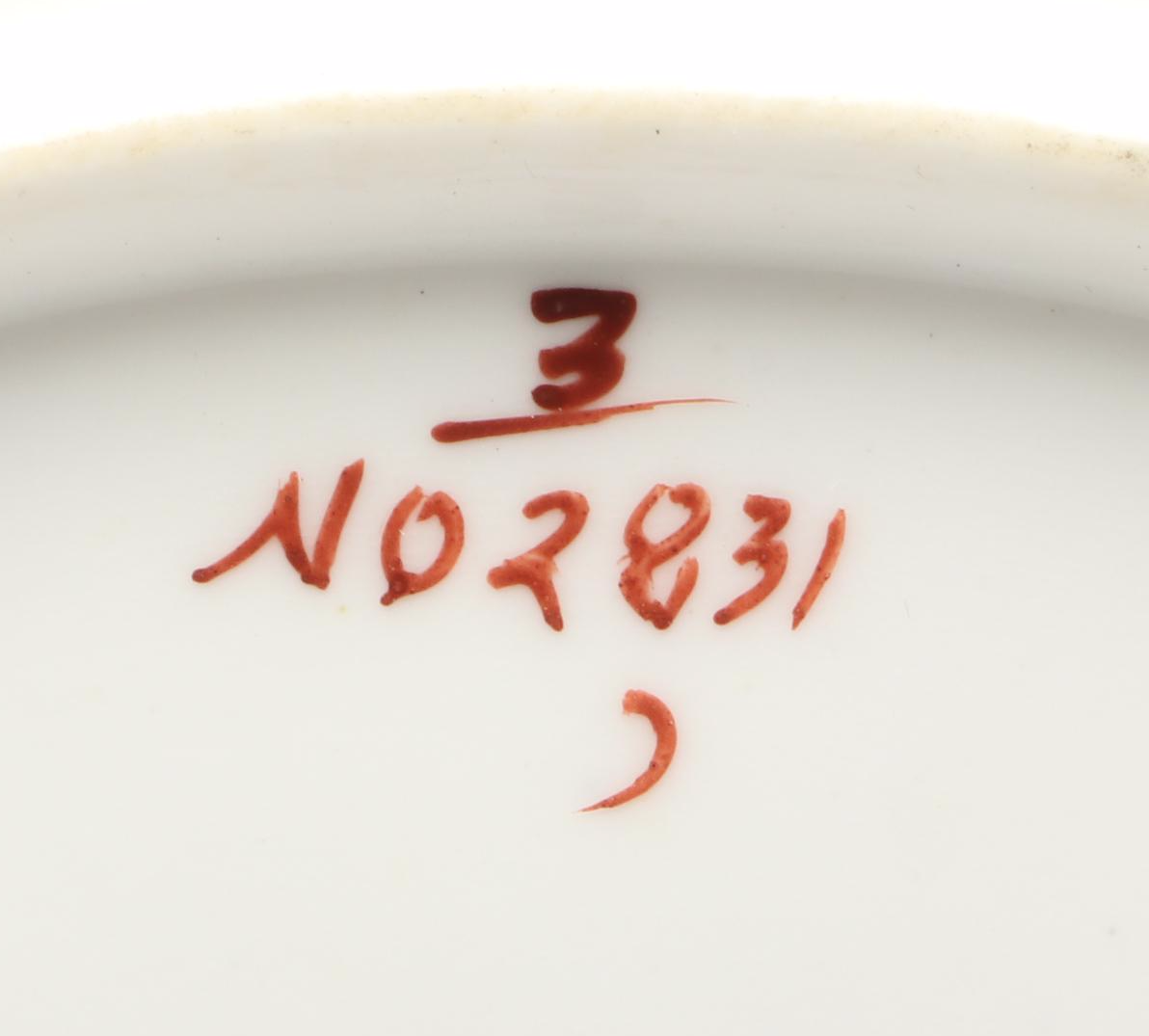 Gilt Porcelain Apple Green Scenic Casserole and Dinner Plates