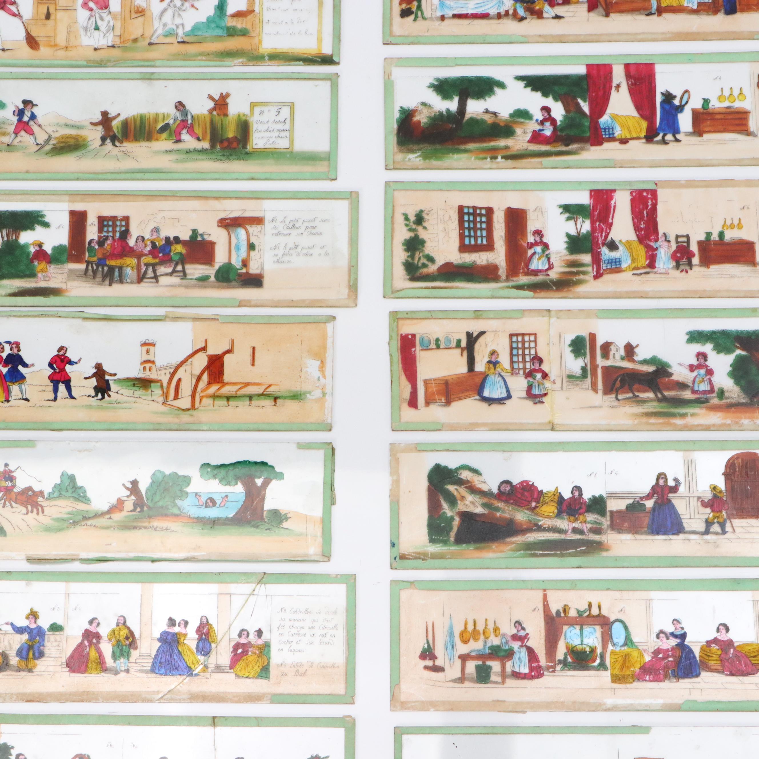 Collection of French School Hand-Painted Magic Lantern Glass Panels, 19th C.
