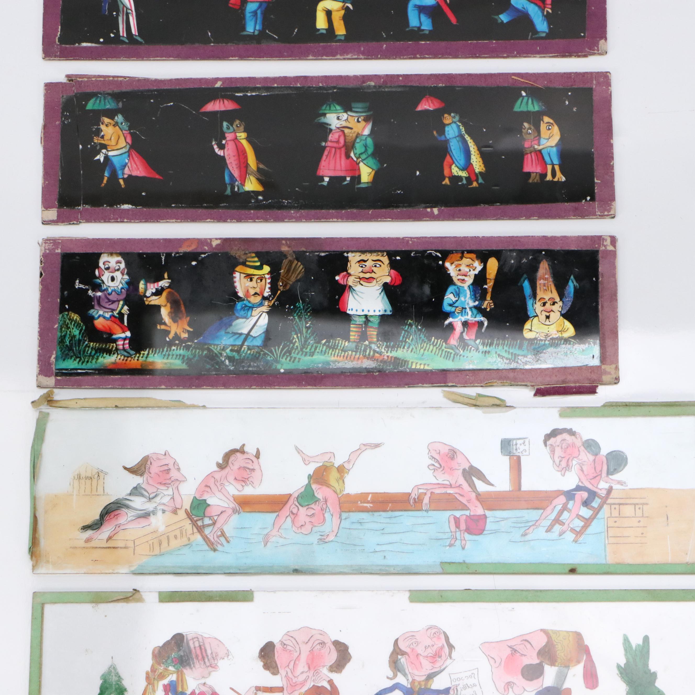 Collection of French School Hand-Painted Magic Lantern Glass Panels, 19th C.