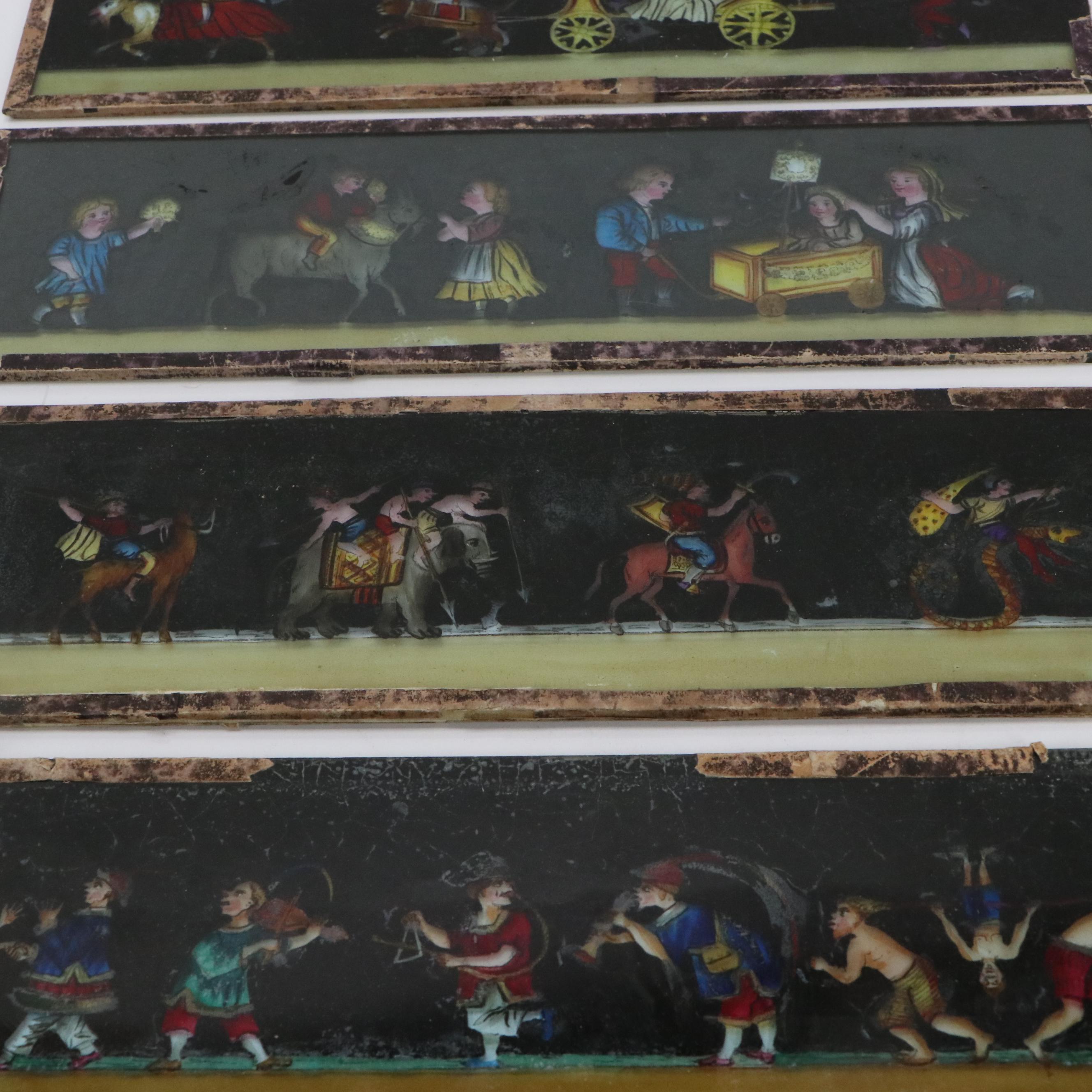 Collection of French School Hand-Painted Magic Lantern Glass Panels, 19th C.