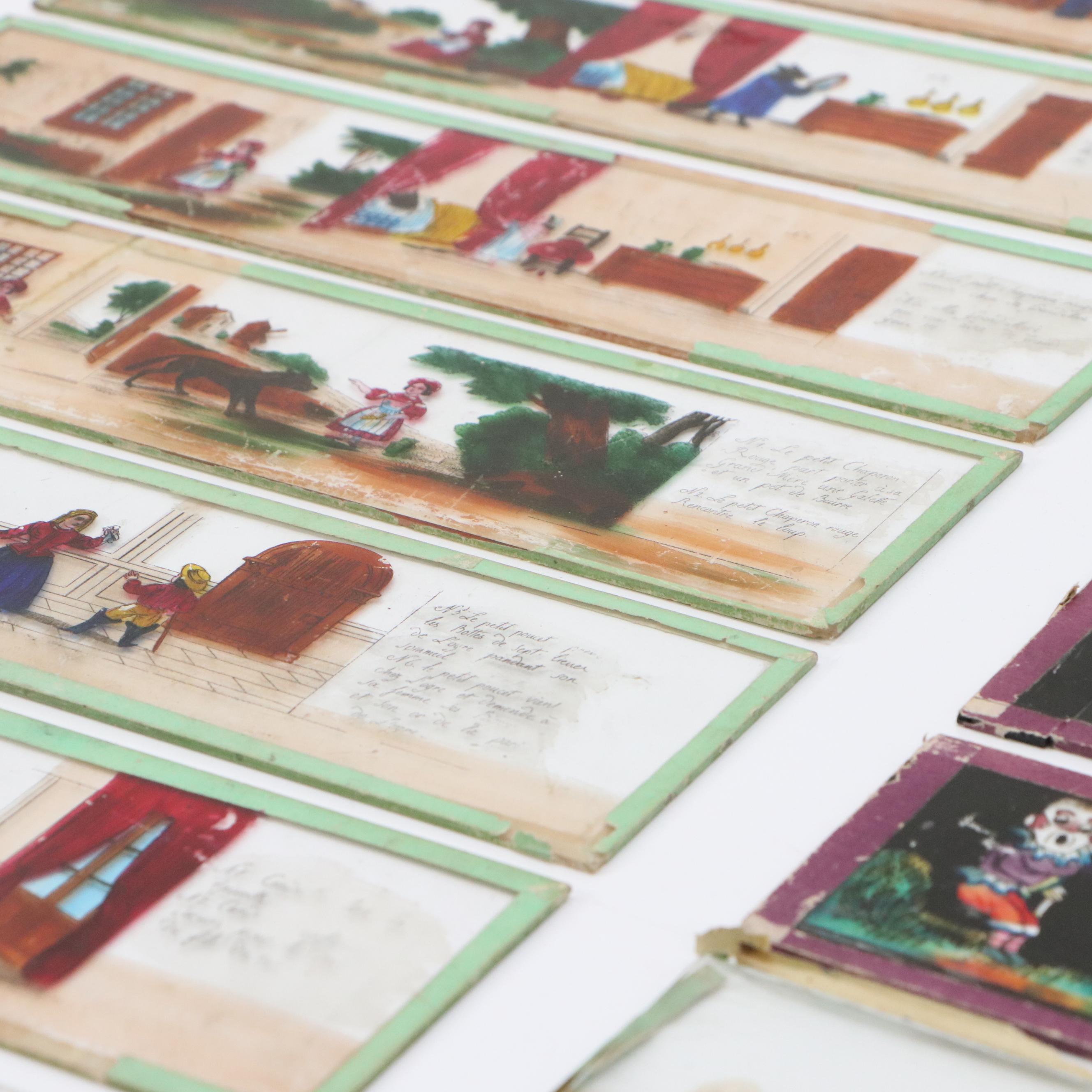 Collection of French School Hand-Painted Magic Lantern Glass Panels, 19th C.