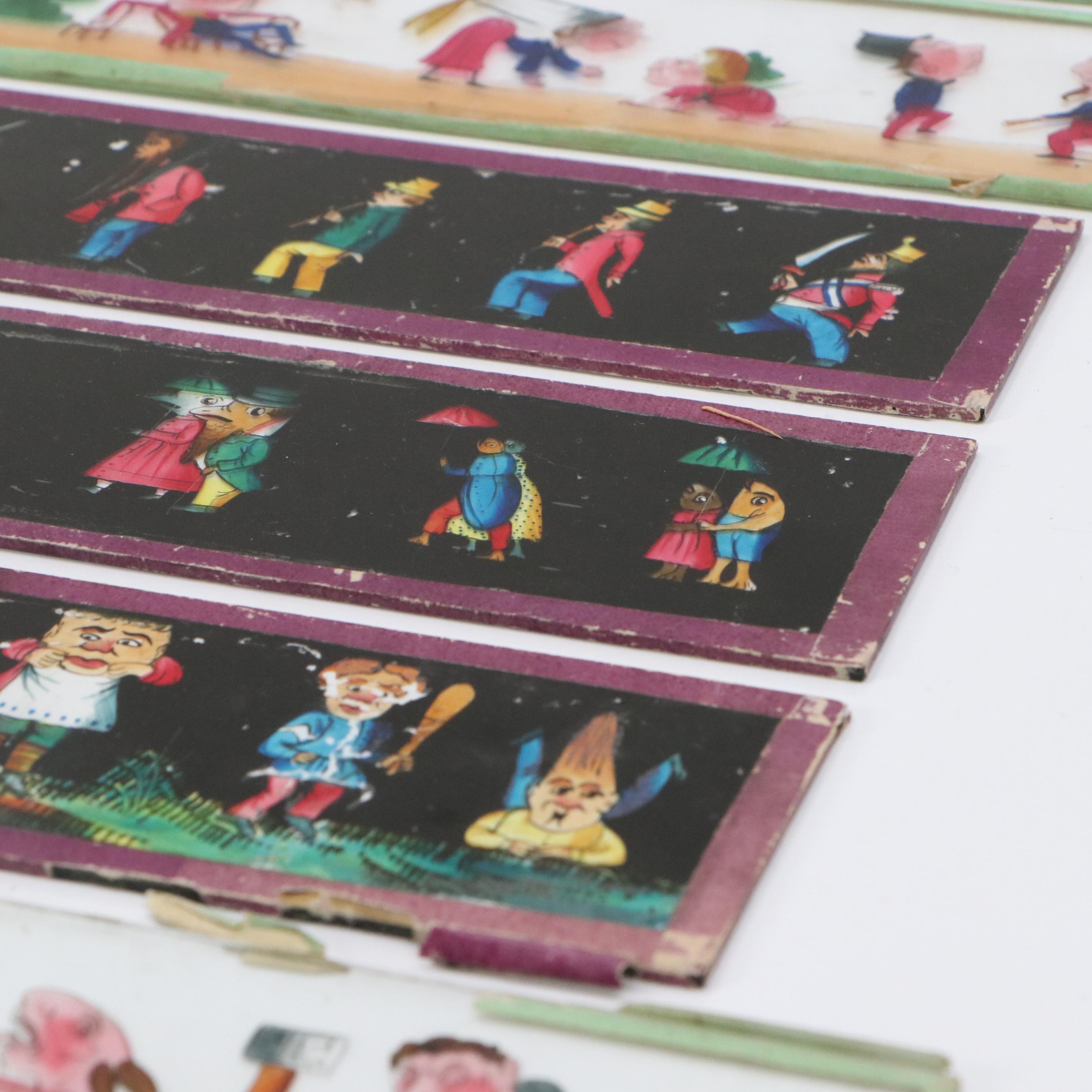 Collection of French School Hand-Painted Magic Lantern Glass Panels, 19th C.