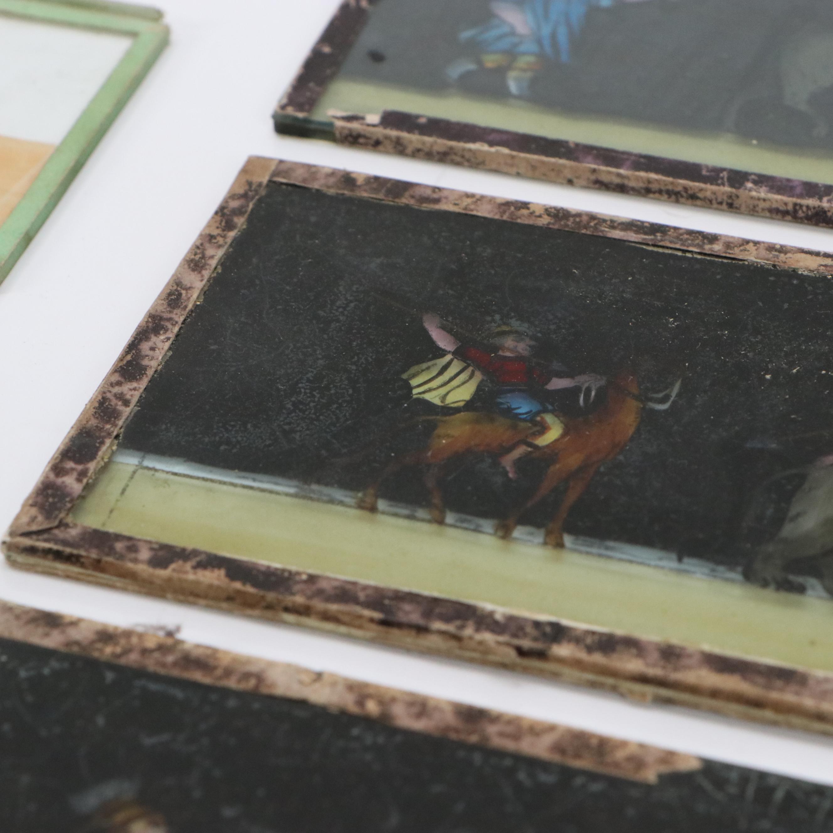 Collection of French School Hand-Painted Magic Lantern Glass Panels, 19th C.