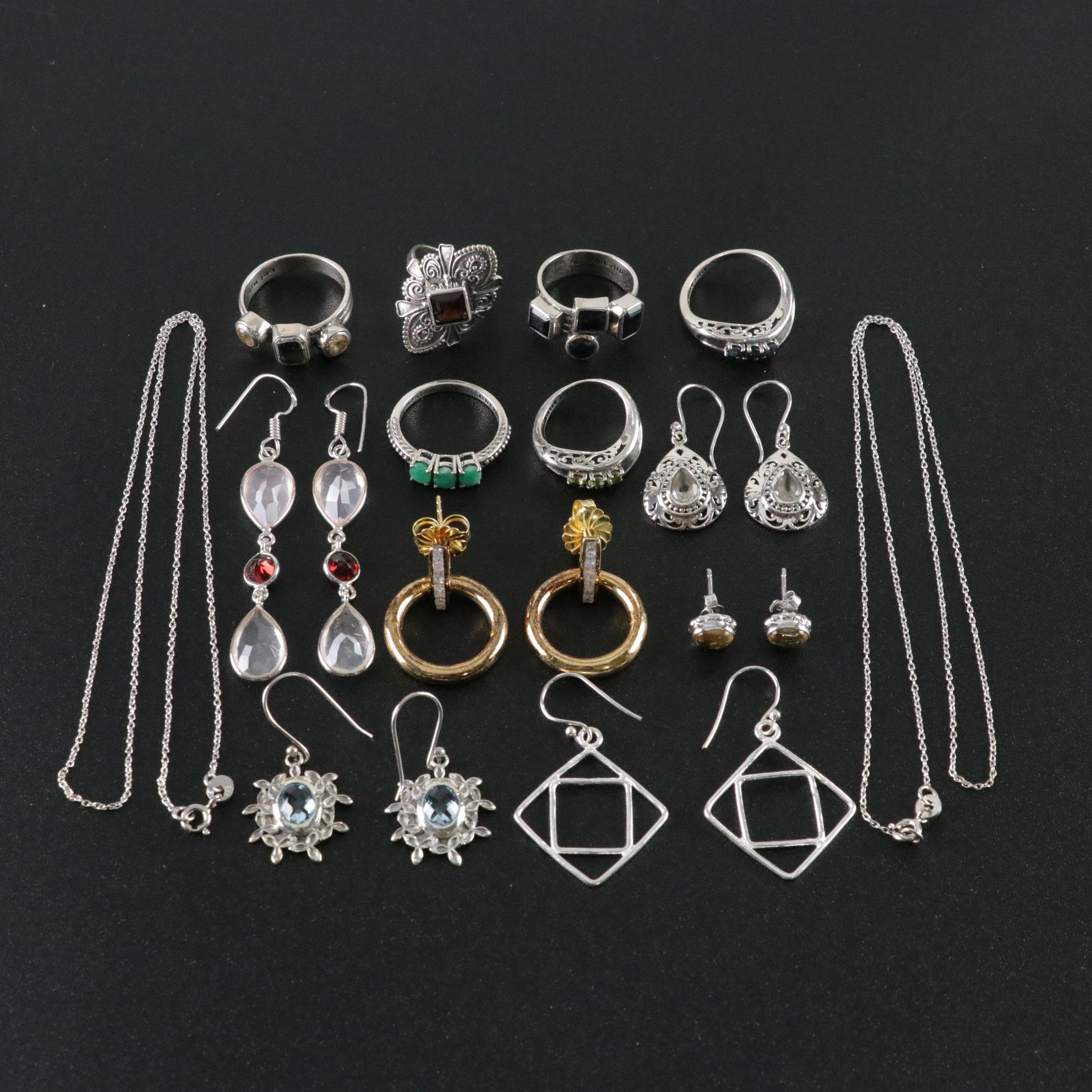 14 Assorted Sterling Silver Rings, Necklaces and Earrings
