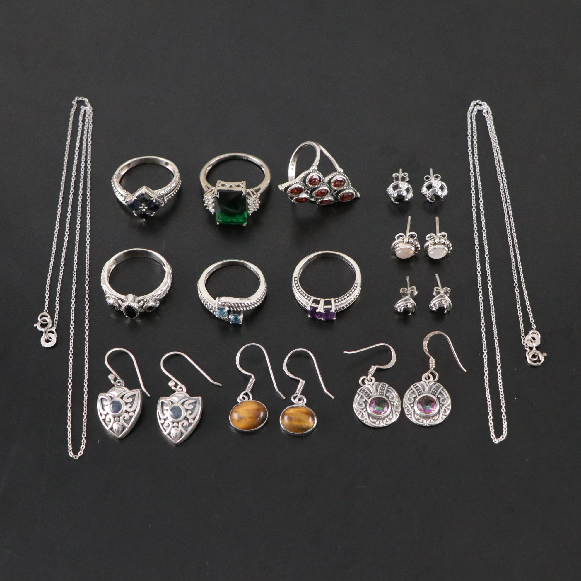 14 Assorted Sterling Silver Rings, Necklaces and Earrings