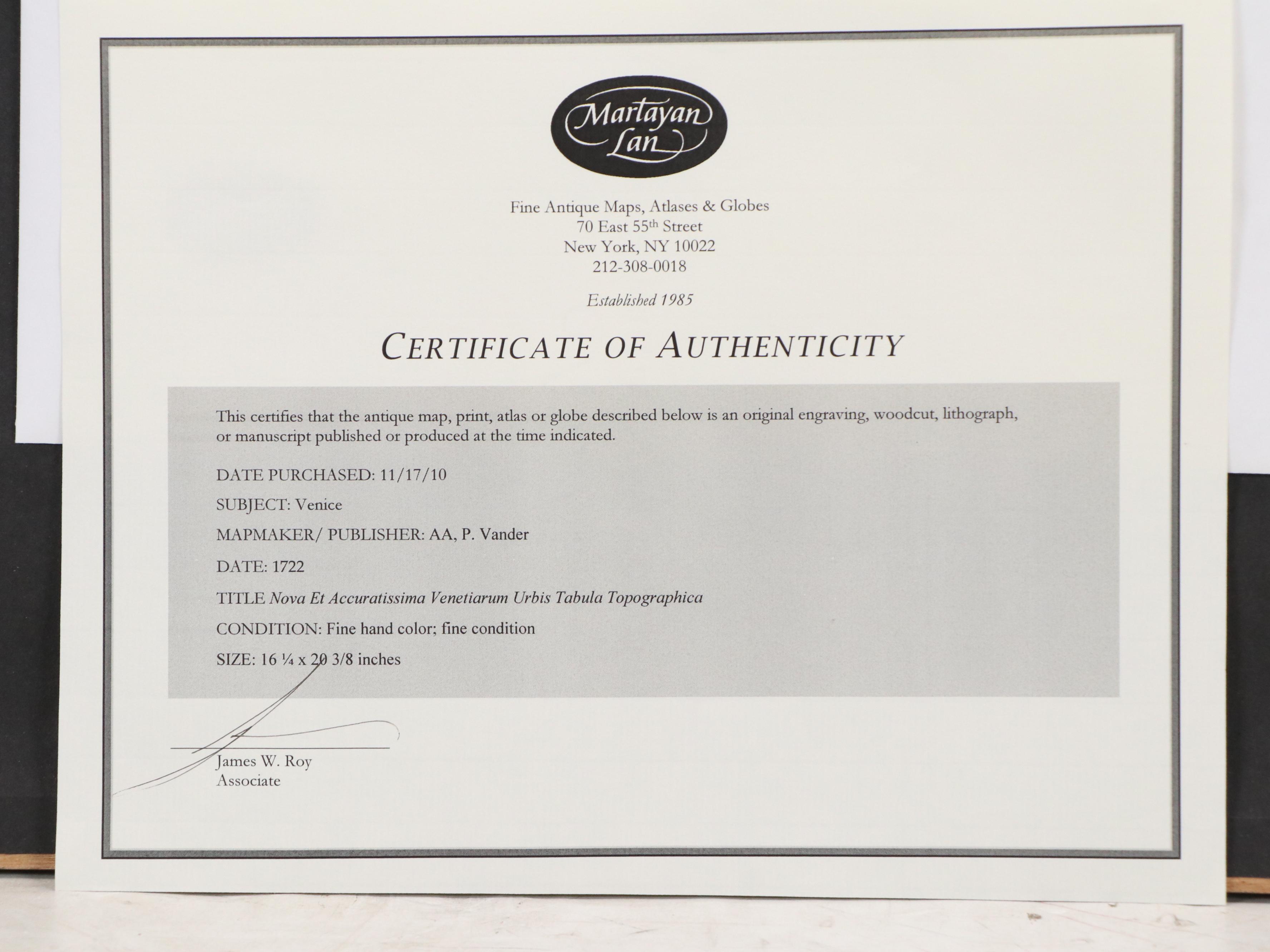 Pieter van der Aa Hand-colored Engraving Map of Venice, 1722