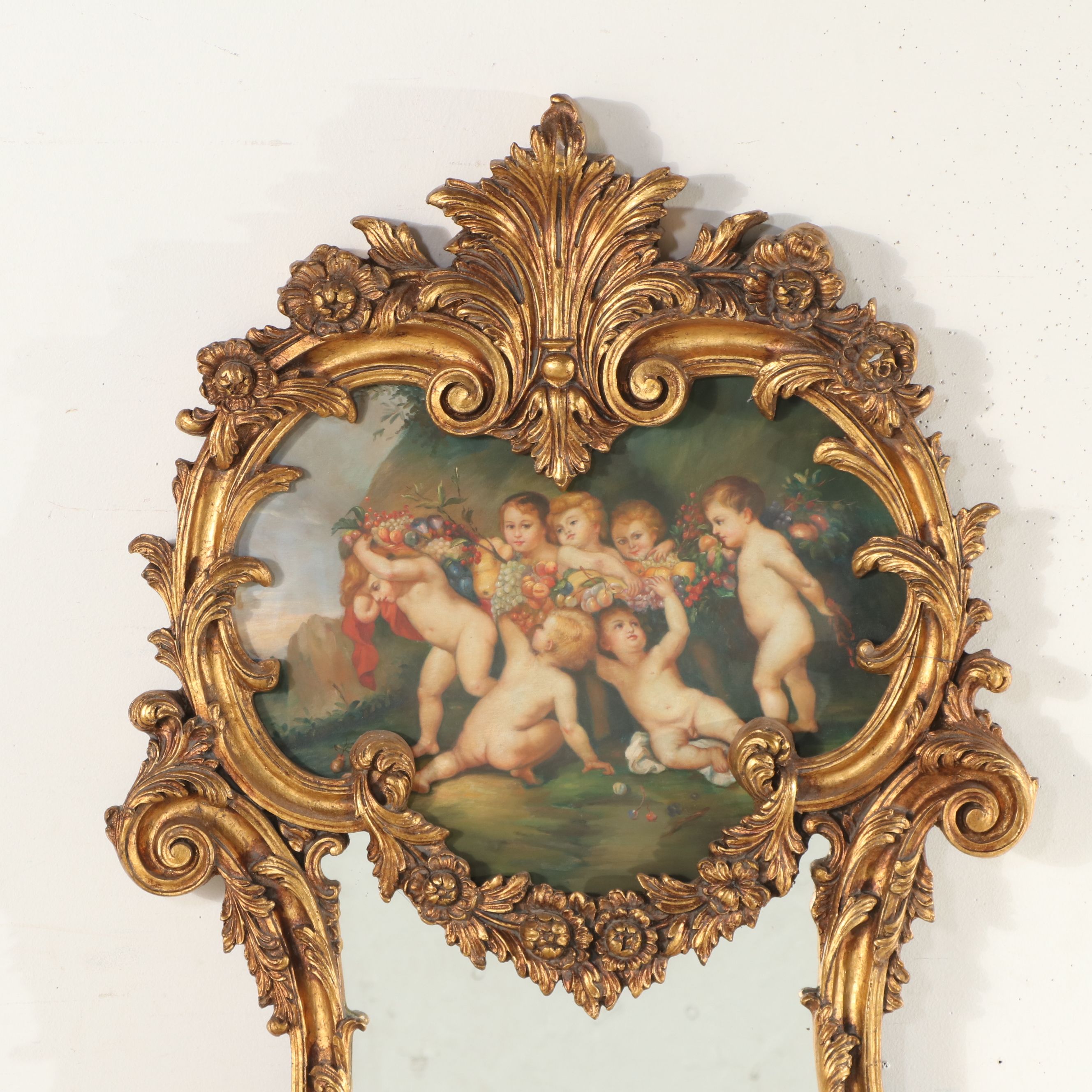 French Baroque Trumeau Mirror with Scene of Putti