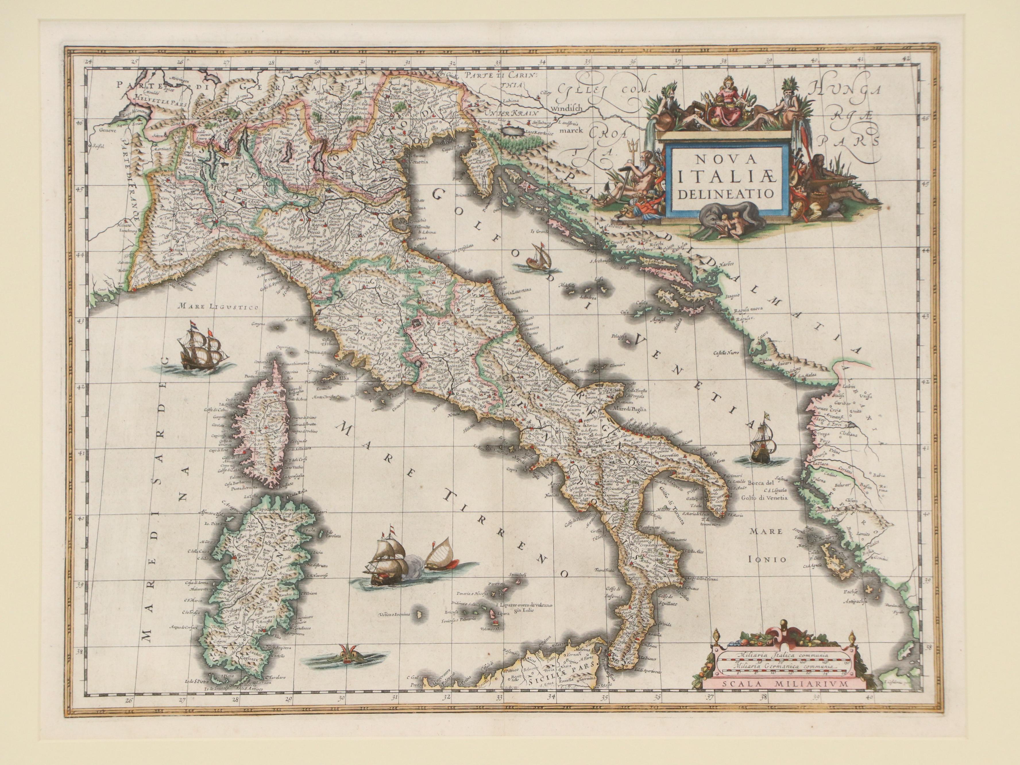 Jan Jansson Hand-Colored Etching Map of Italy, Circa 1650