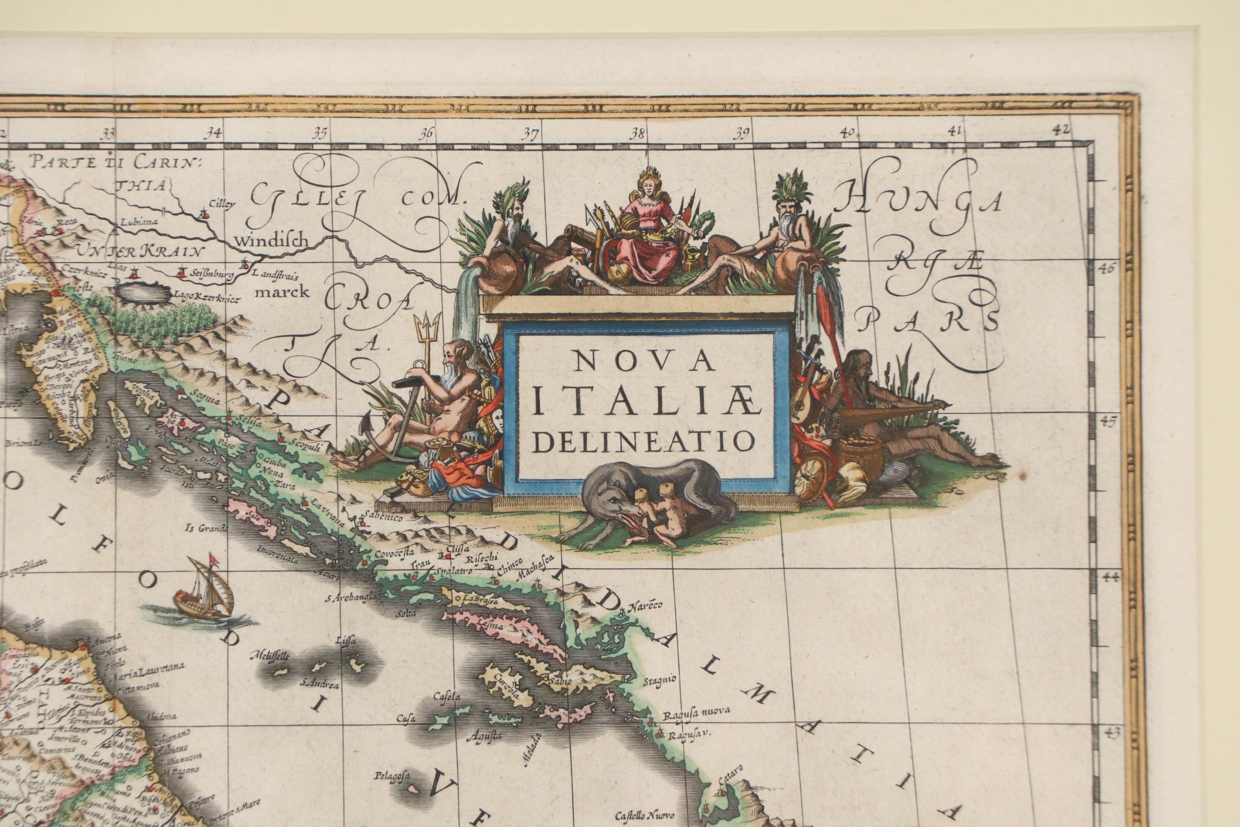 Jan Jansson Hand-Colored Etching Map of Italy, Circa 1650