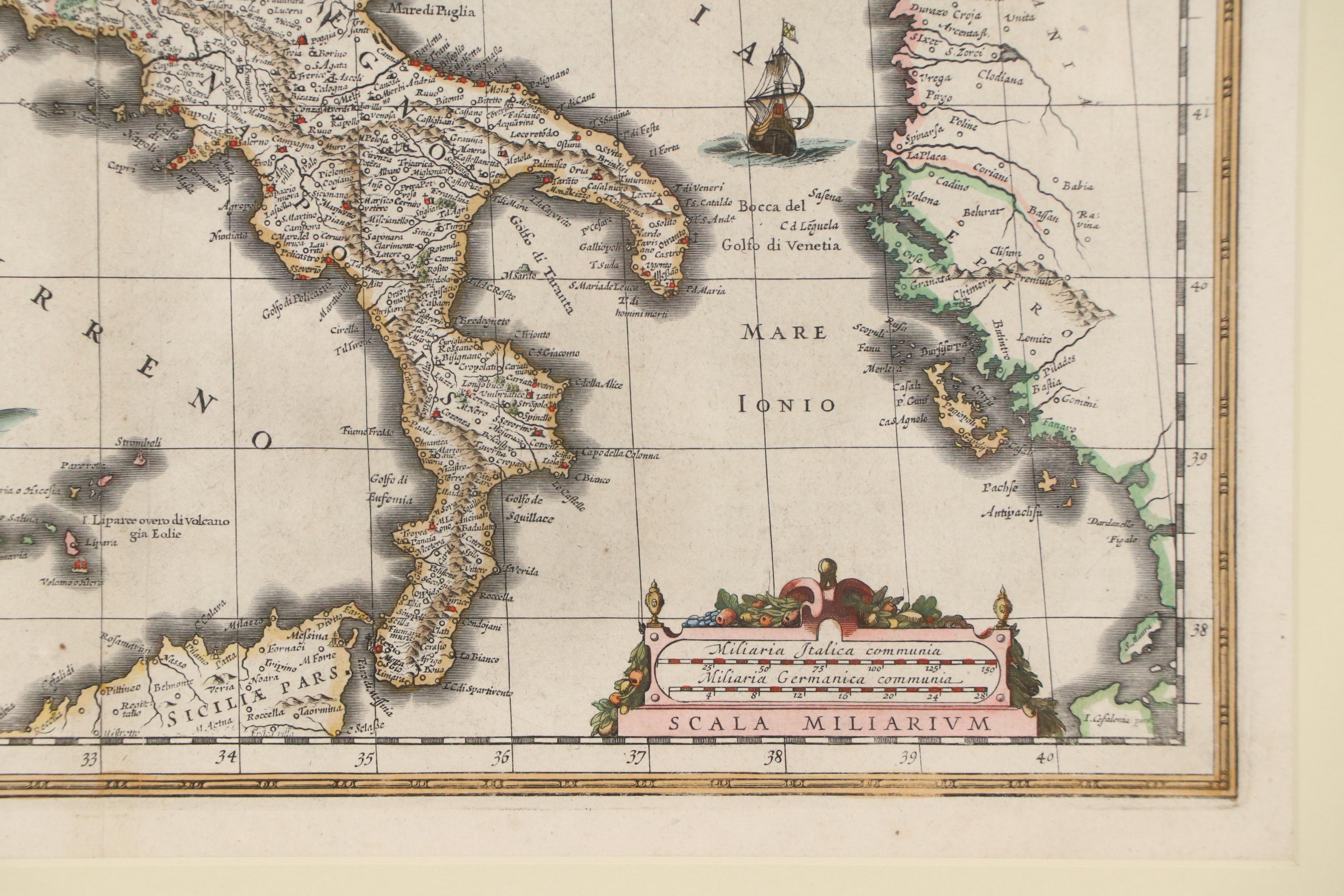 Jan Jansson Hand-Colored Etching Map of Italy, Circa 1650