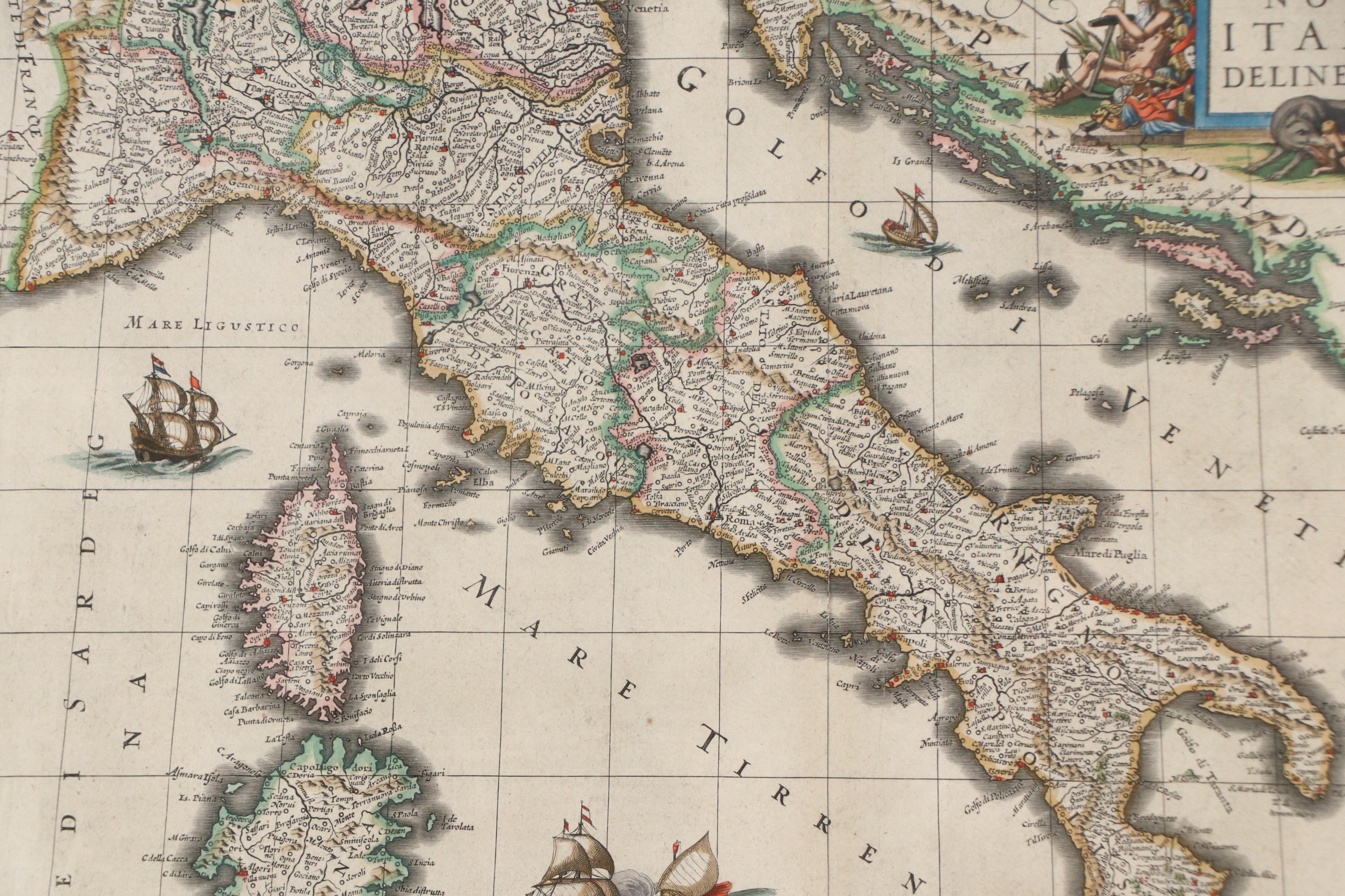 Jan Jansson Hand-Colored Etching Map of Italy, Circa 1650