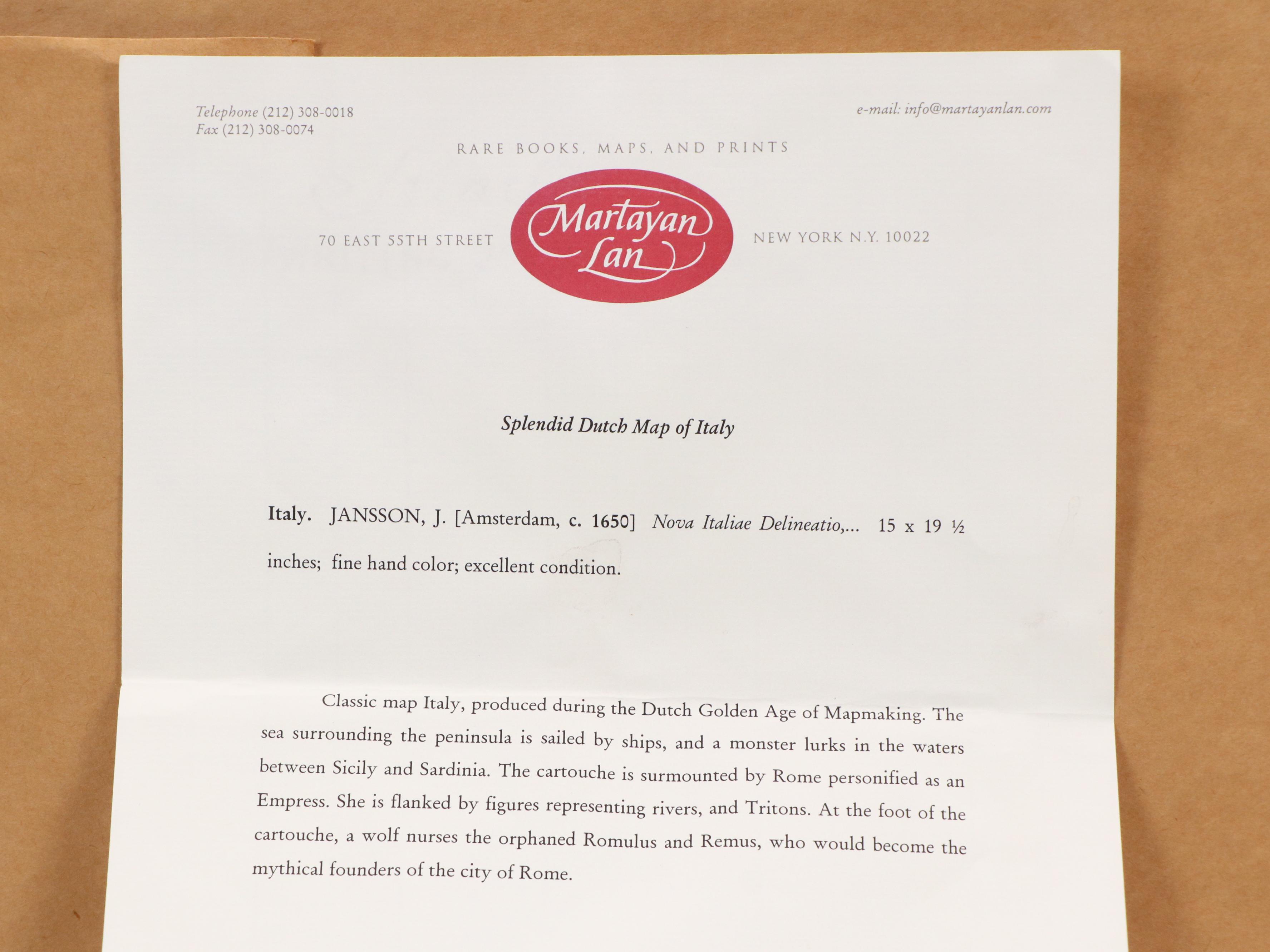 Jan Jansson Hand-Colored Etching Map of Italy, Circa 1650