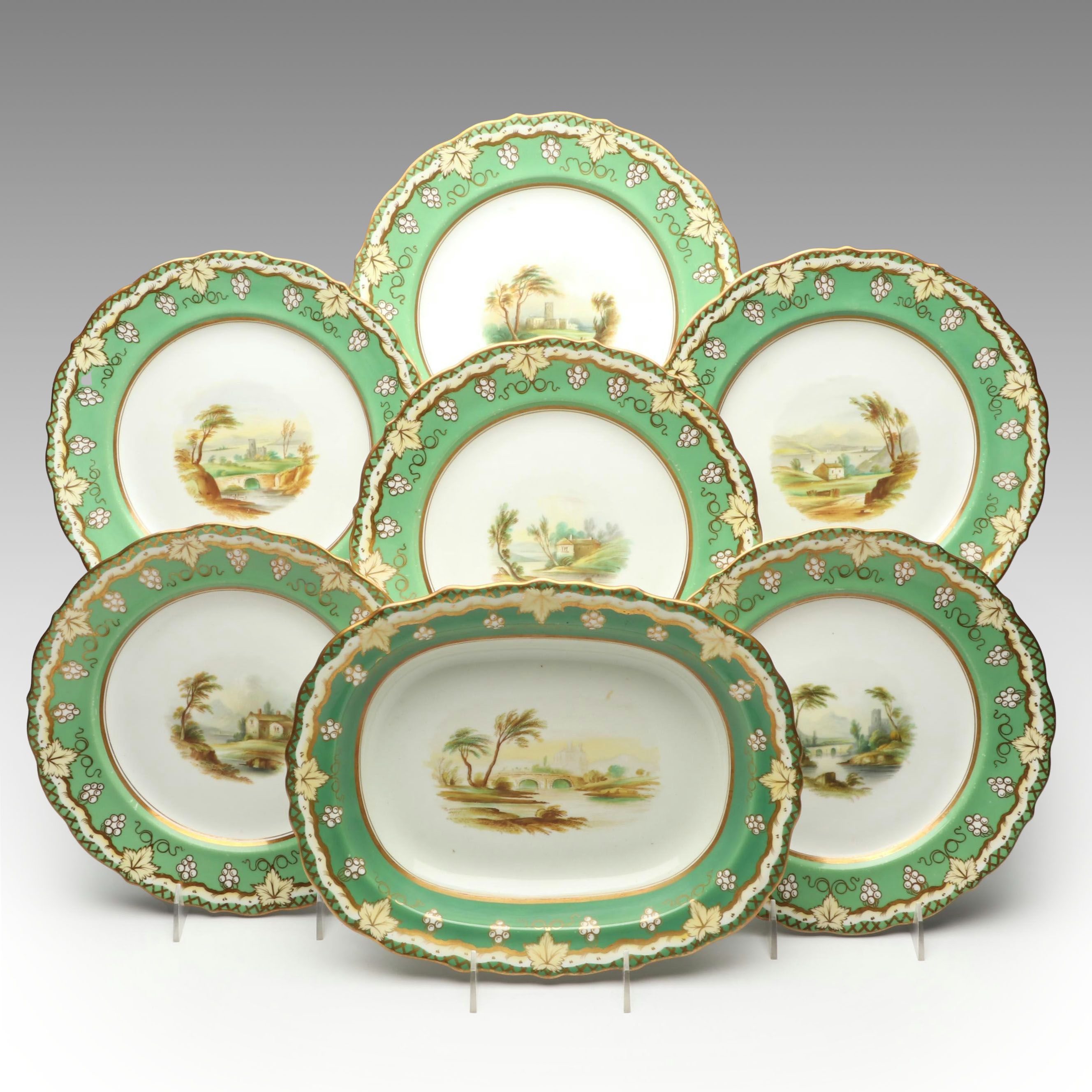 Gilt Porcelain Apple Green Scenic Casserole and Dinner Plates