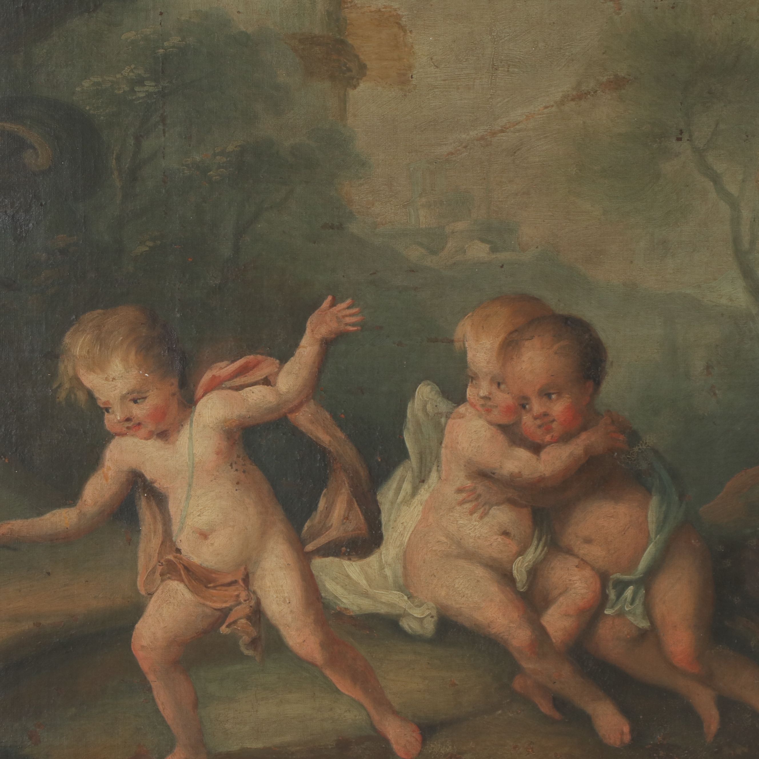 French Louis XVI Style Trumeau Mirror with Putti Pastoral Painting, 19th Century