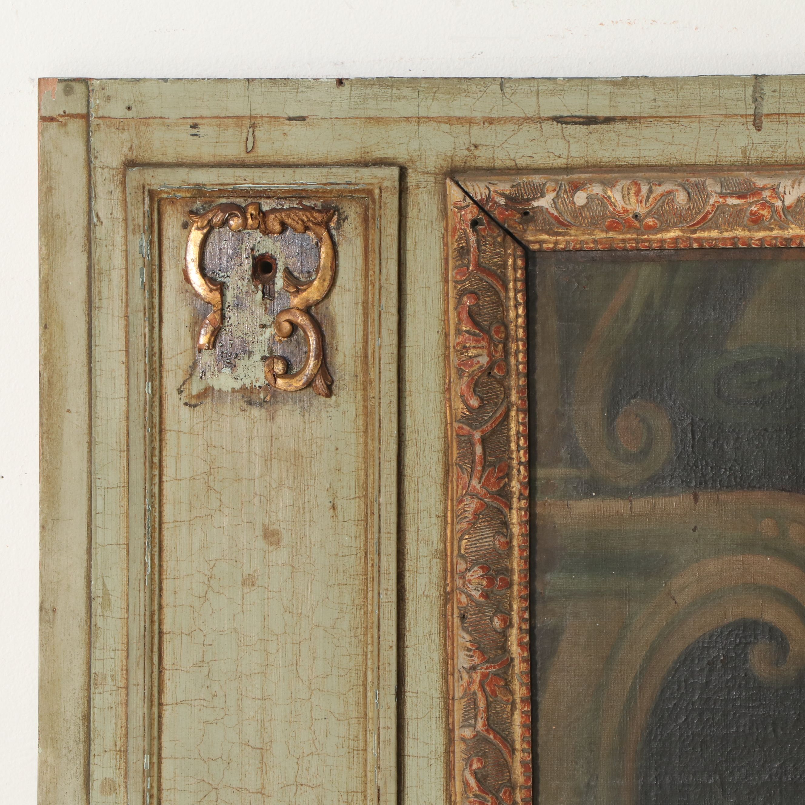 French Louis XVI Style Trumeau Mirror with Putti Pastoral Painting, 19th Century