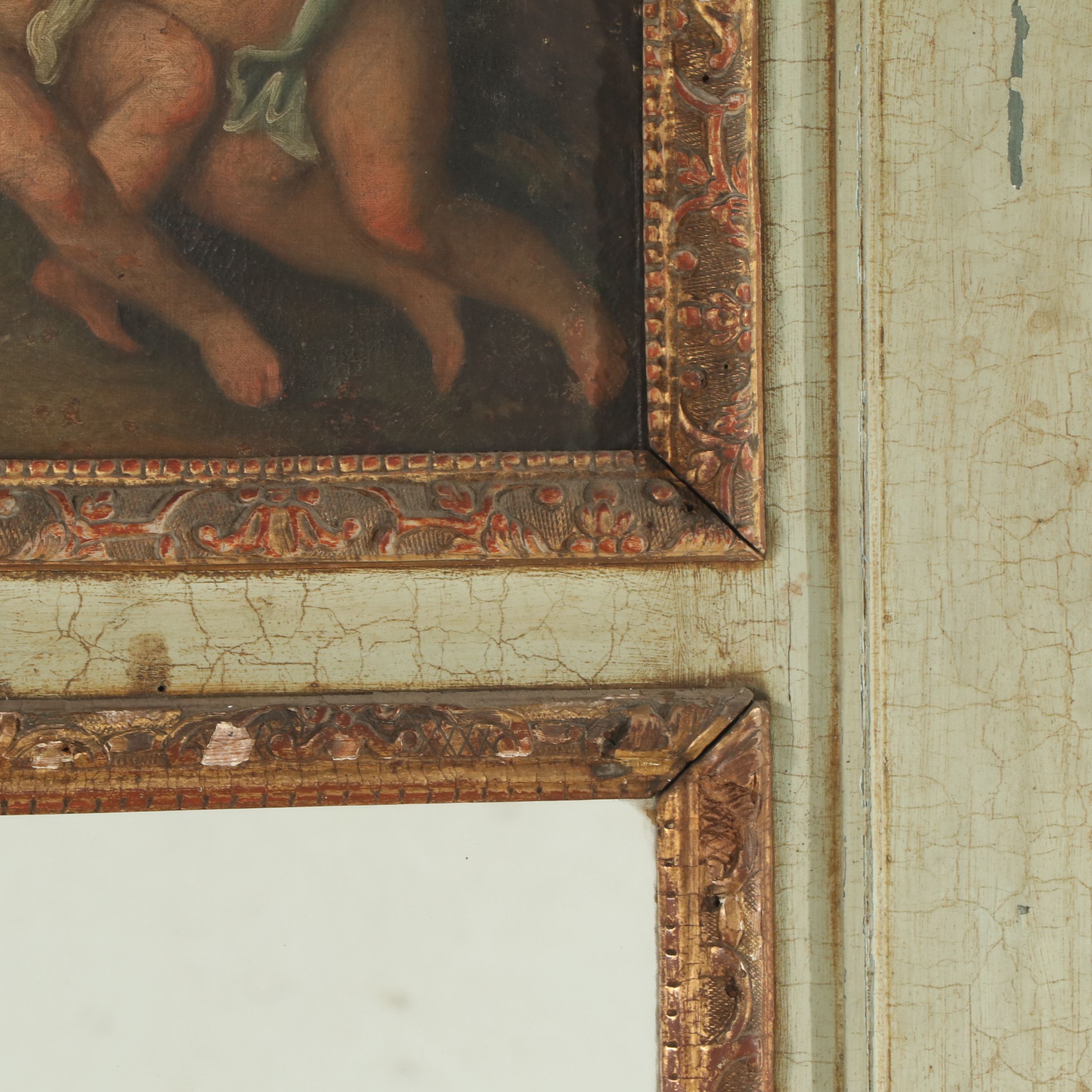 French Louis XVI Style Trumeau Mirror with Putti Pastoral Painting, 19th Century