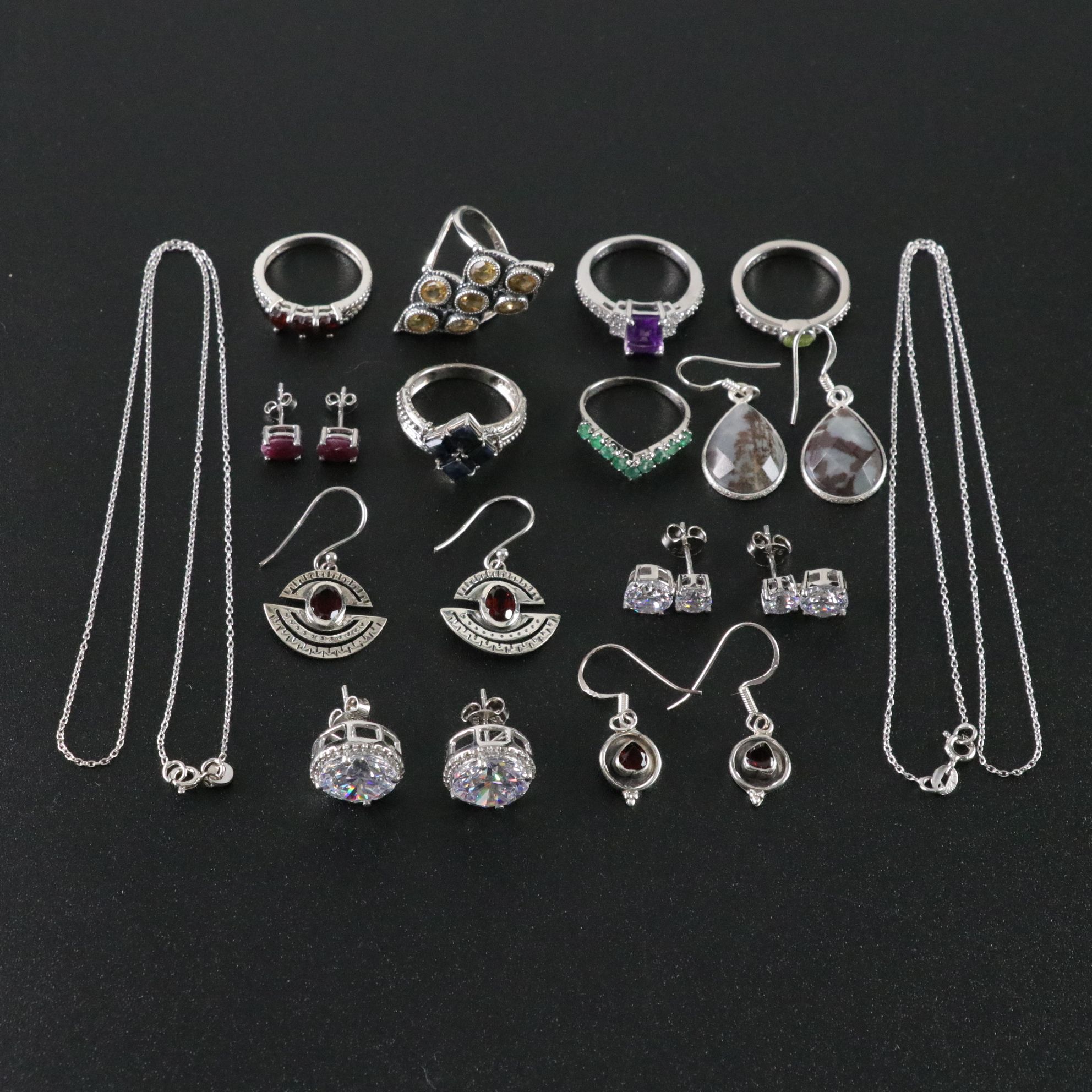 14 Assorted Sterling Silver Rings, Necklaces and Earrings