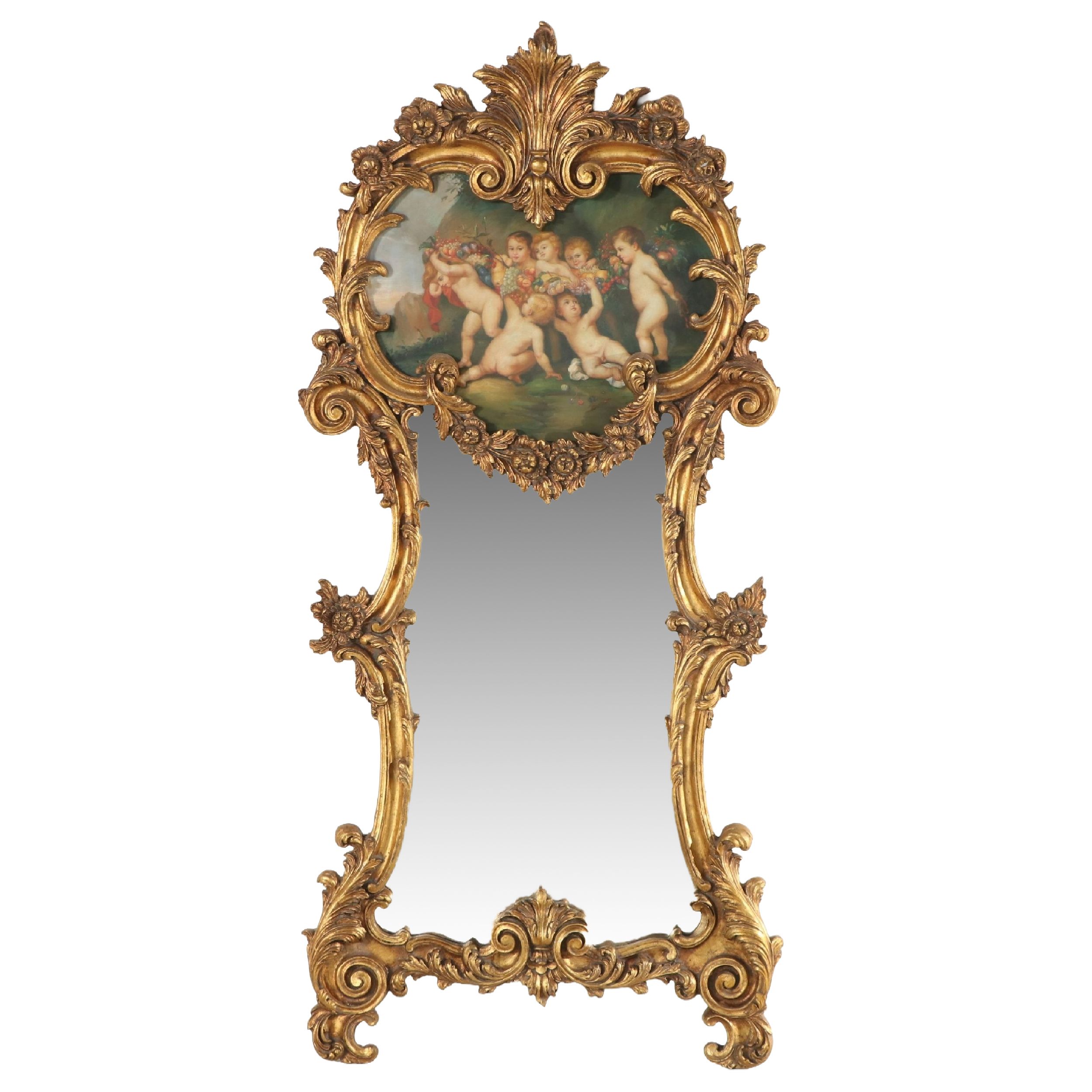 French Baroque Trumeau Mirror with Scene of Putti