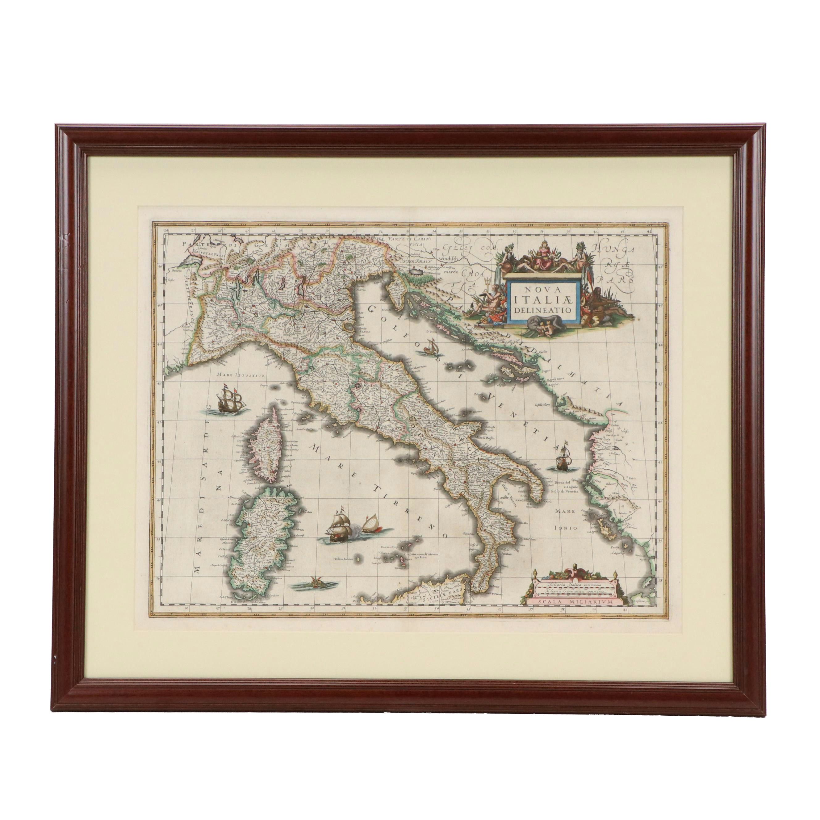 Jan Jansson Hand-Colored Etching Map of Italy, Circa 1650