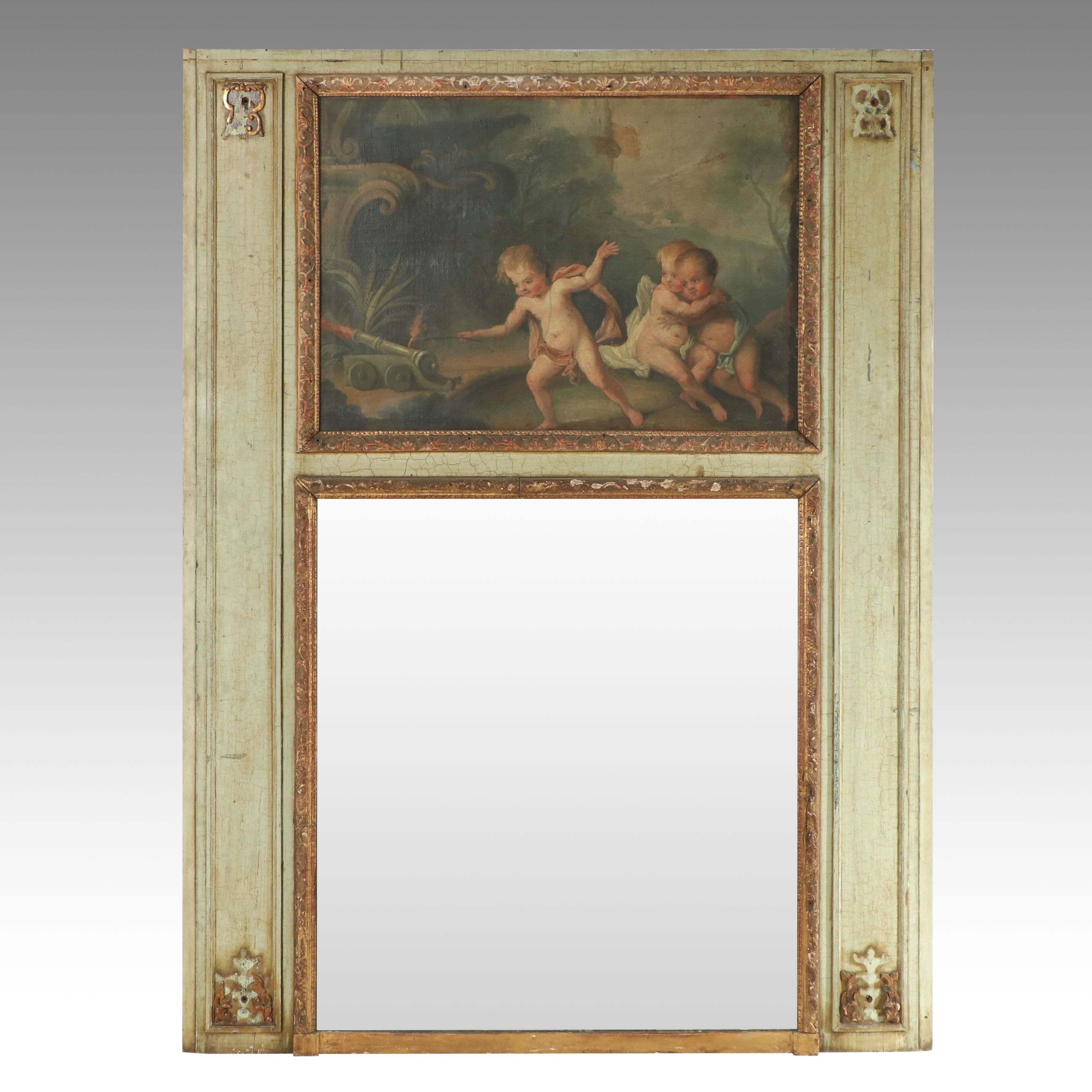 French Louis XVI Style Trumeau Mirror with Putti Pastoral Painting, 19th Century