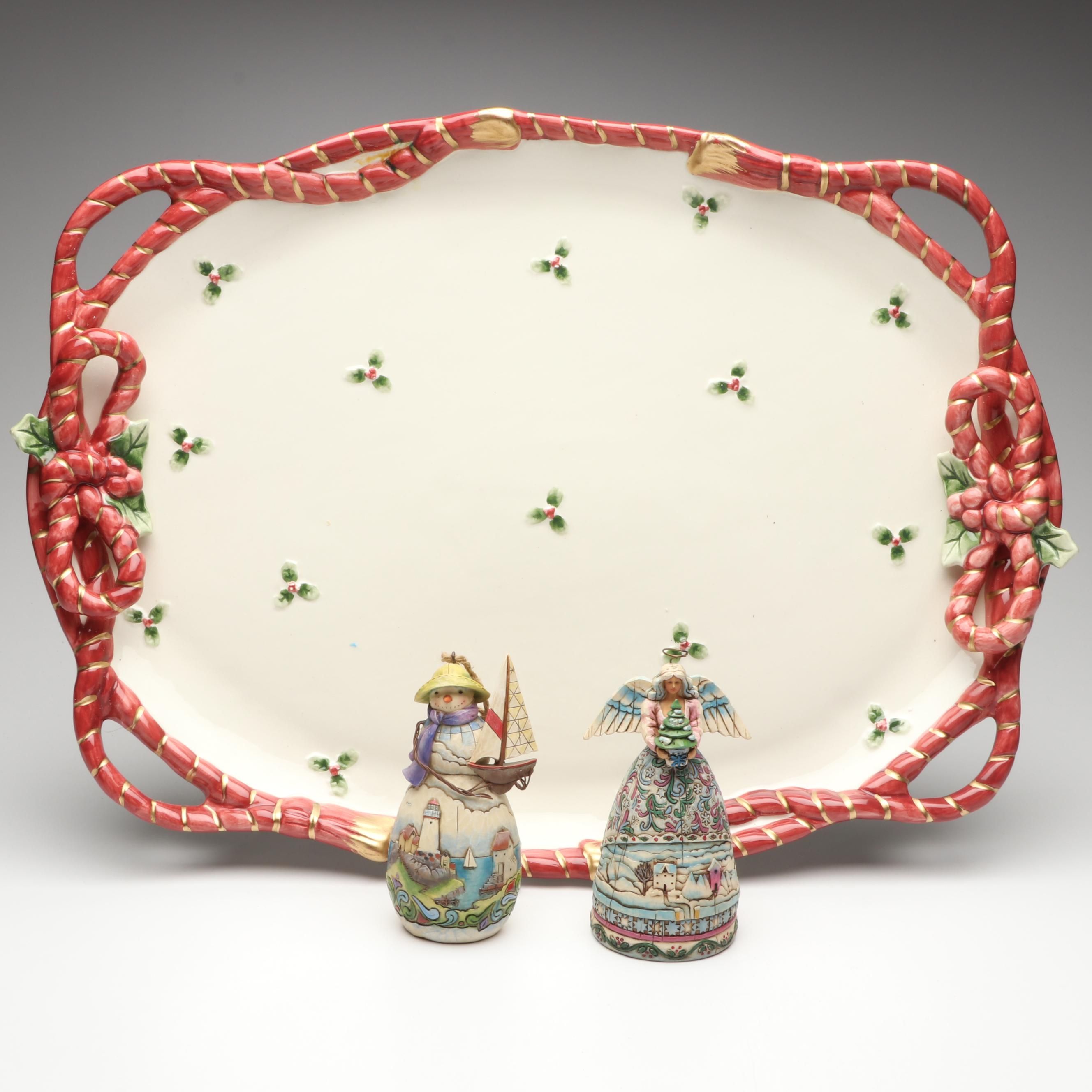 Fitz & Floyd "Old World Santa" Serving Tray with Jim Shore Ornament and Figurine