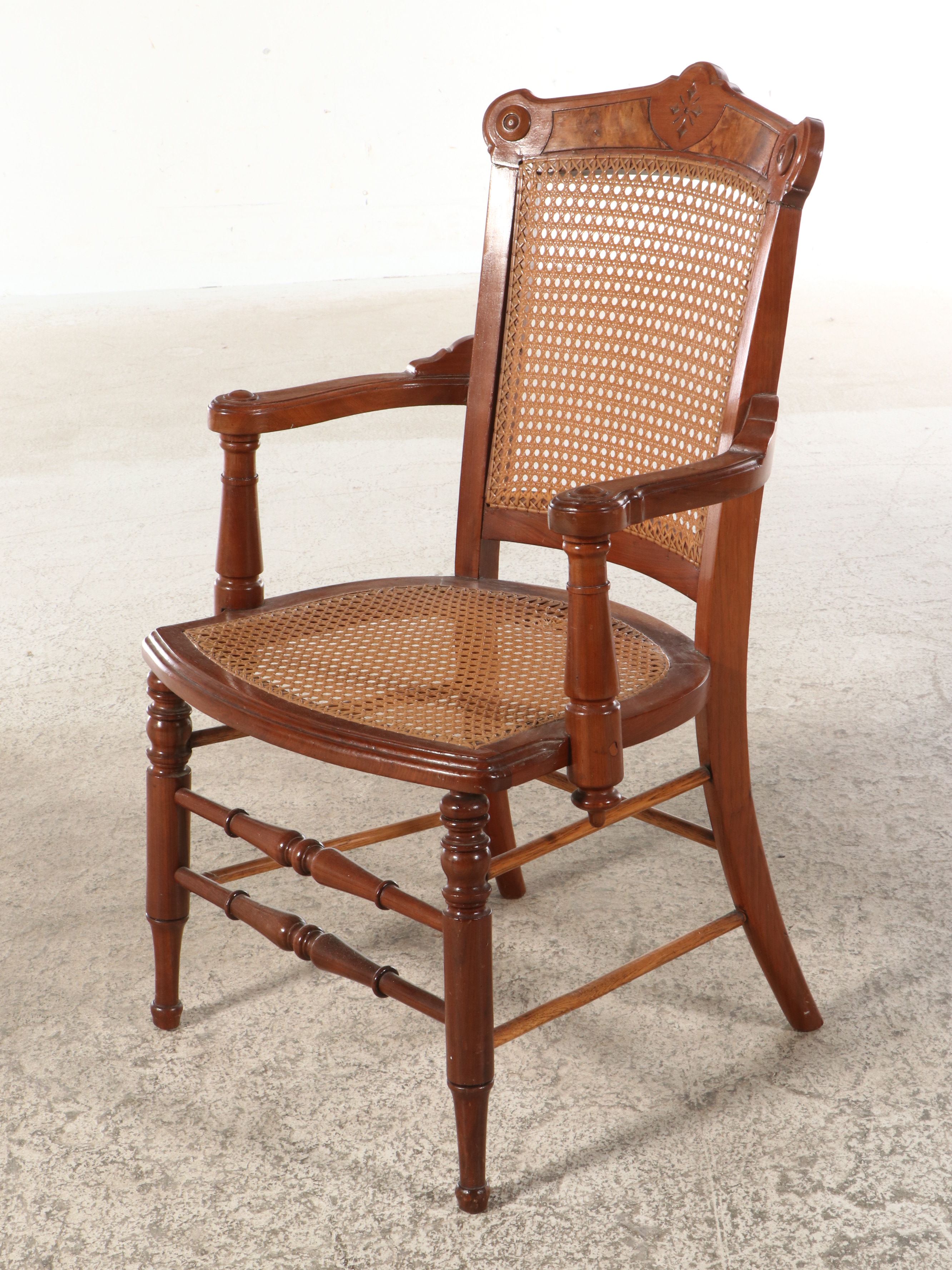 Two Late Victorian Walnut and Burl Wood Chairs with Woven Cane Seating