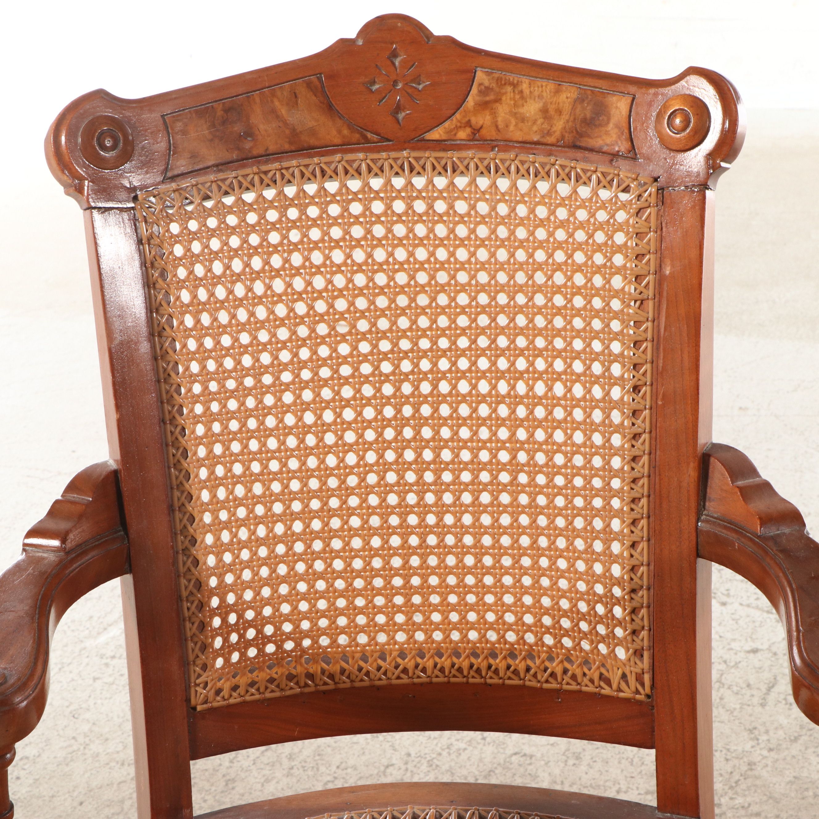 Two Late Victorian Walnut and Burl Wood Chairs with Woven Cane Seating