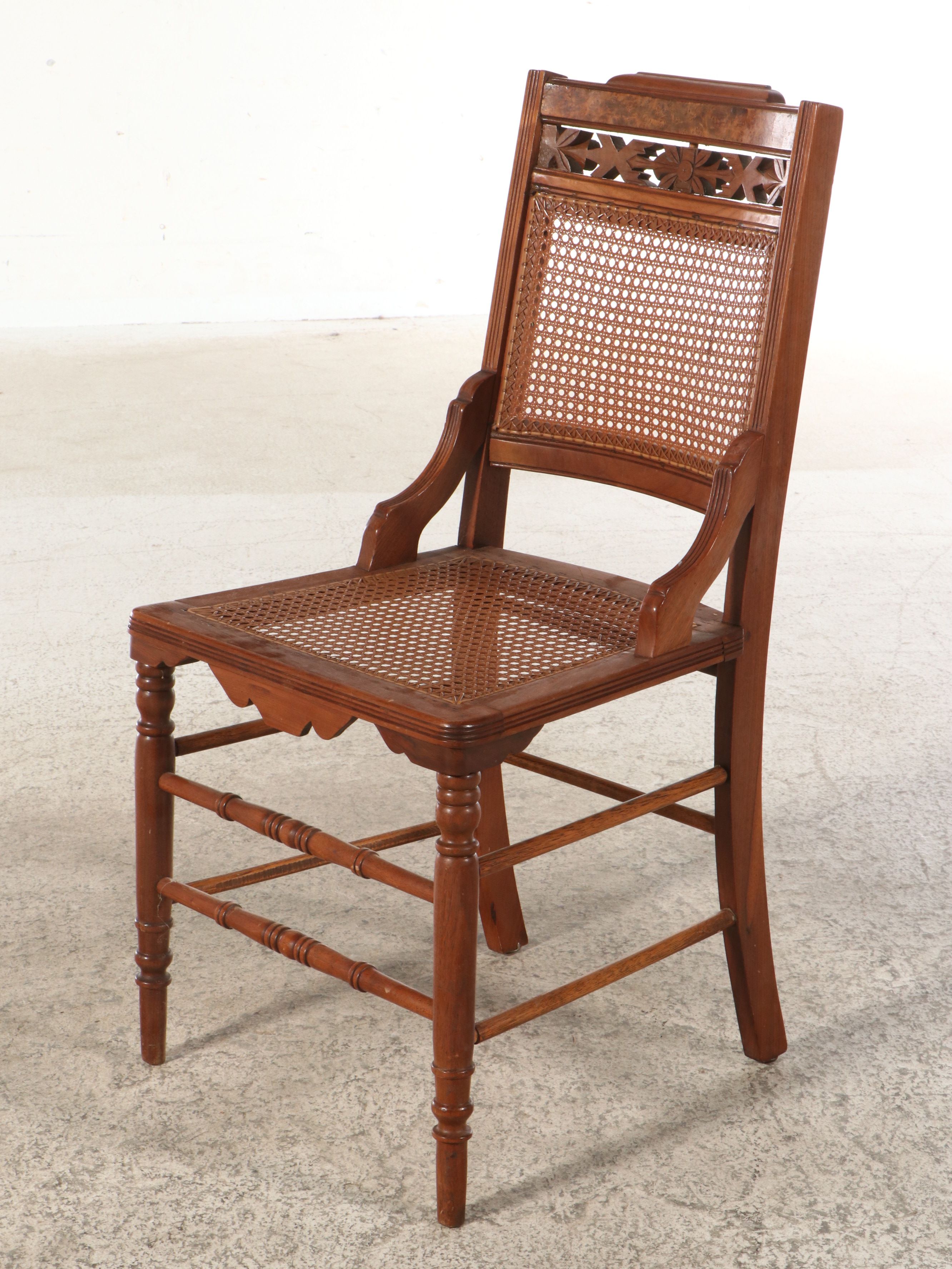 Two Late Victorian Walnut and Burl Wood Chairs with Woven Cane Seating
