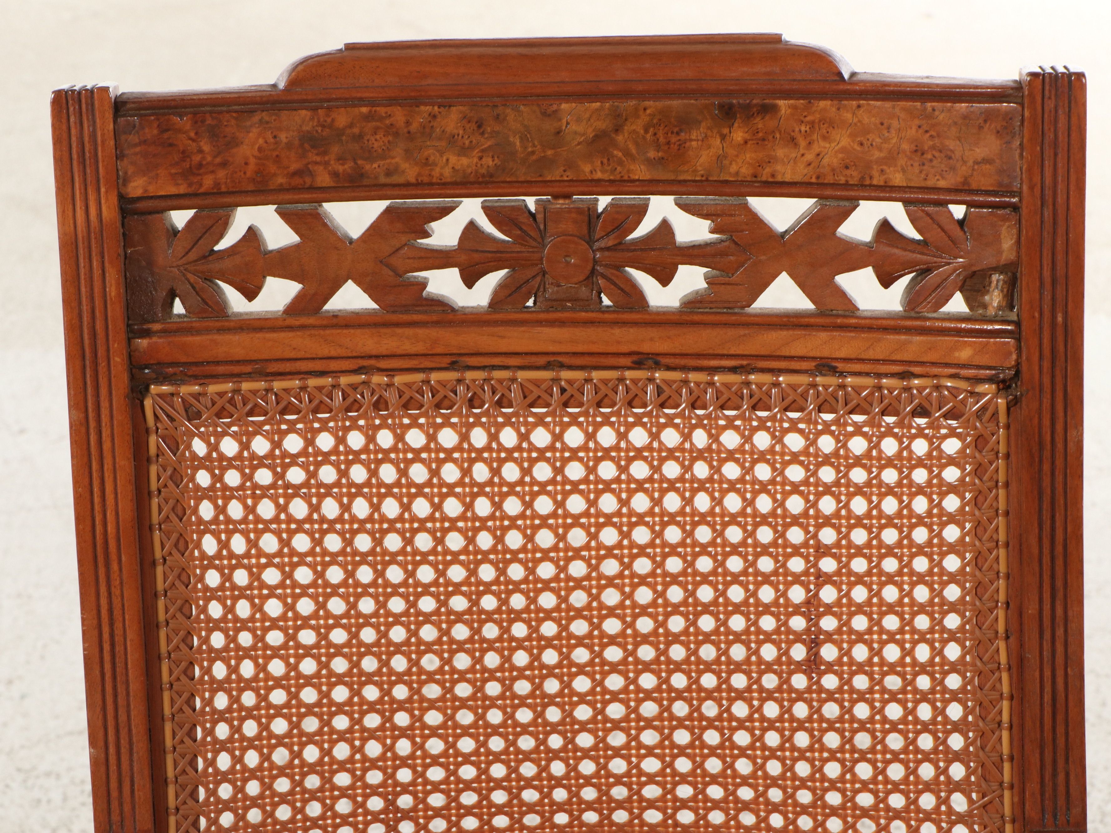 Two Late Victorian Walnut and Burl Wood Chairs with Woven Cane Seating