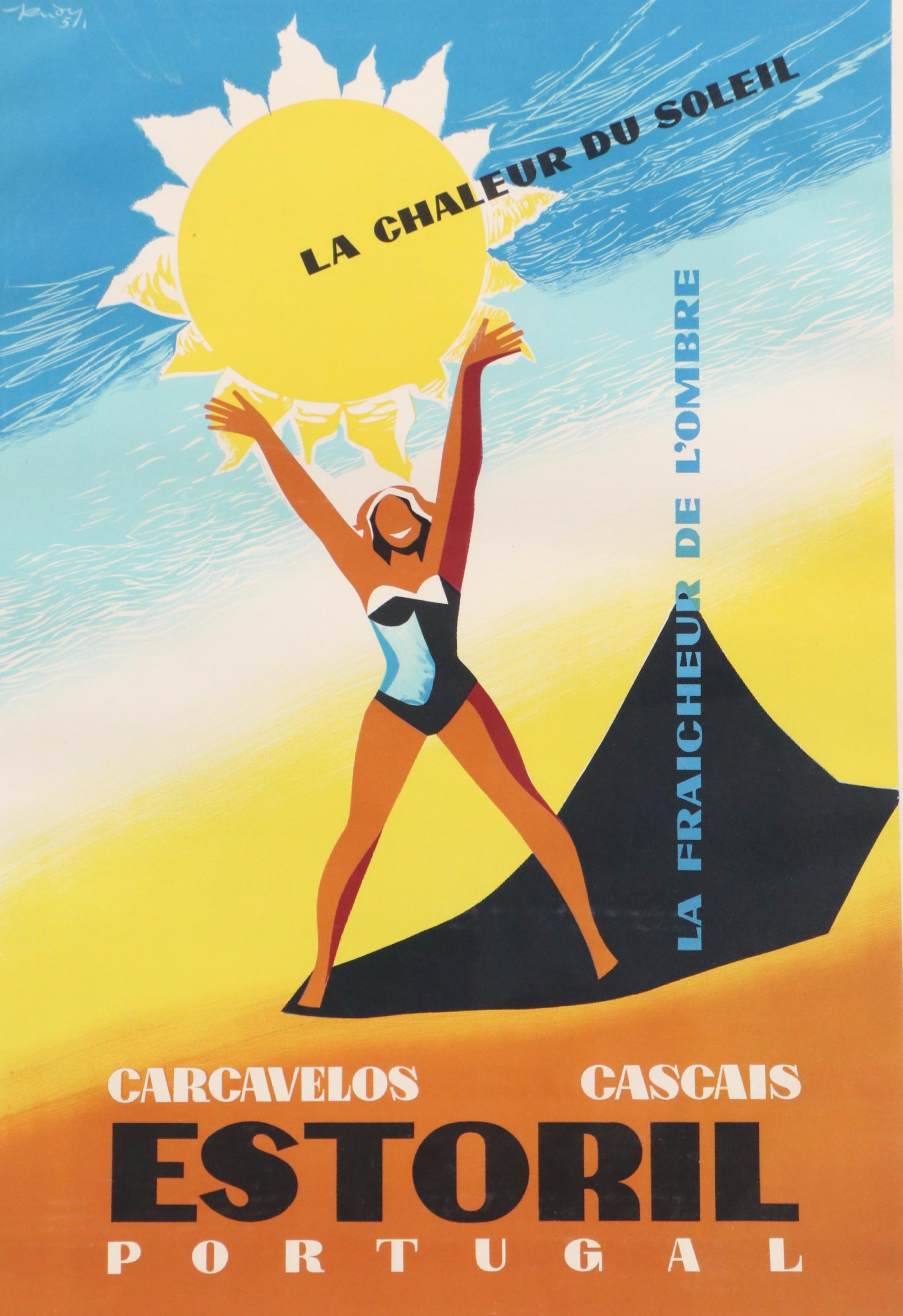 Vintage Lithograph Poster "Carcavelos, Cascais, Estoril Portugal," 1951