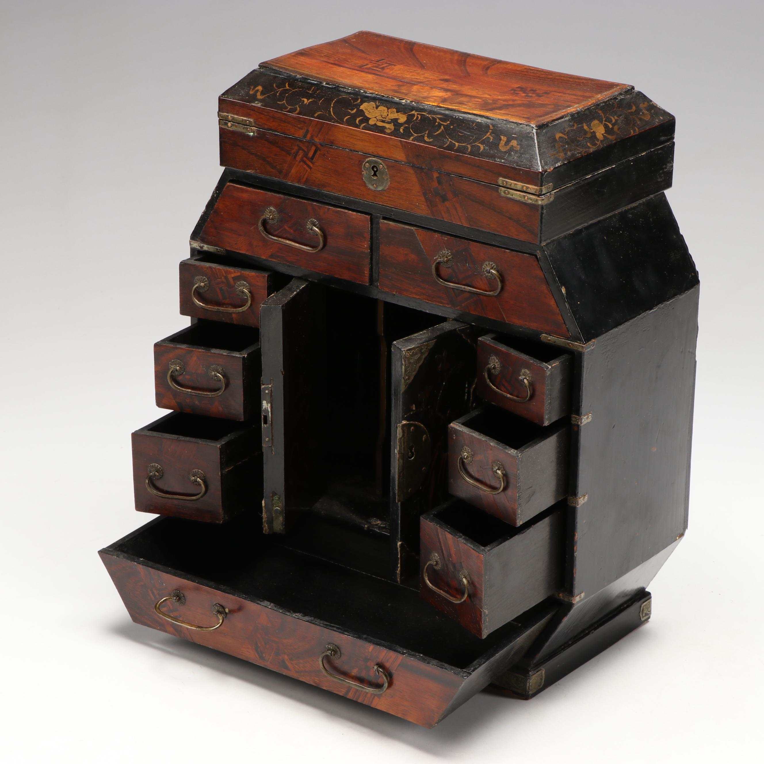 Abalone Inlaid with Rosewood and Exotic Woods Jewelry Box, Antique