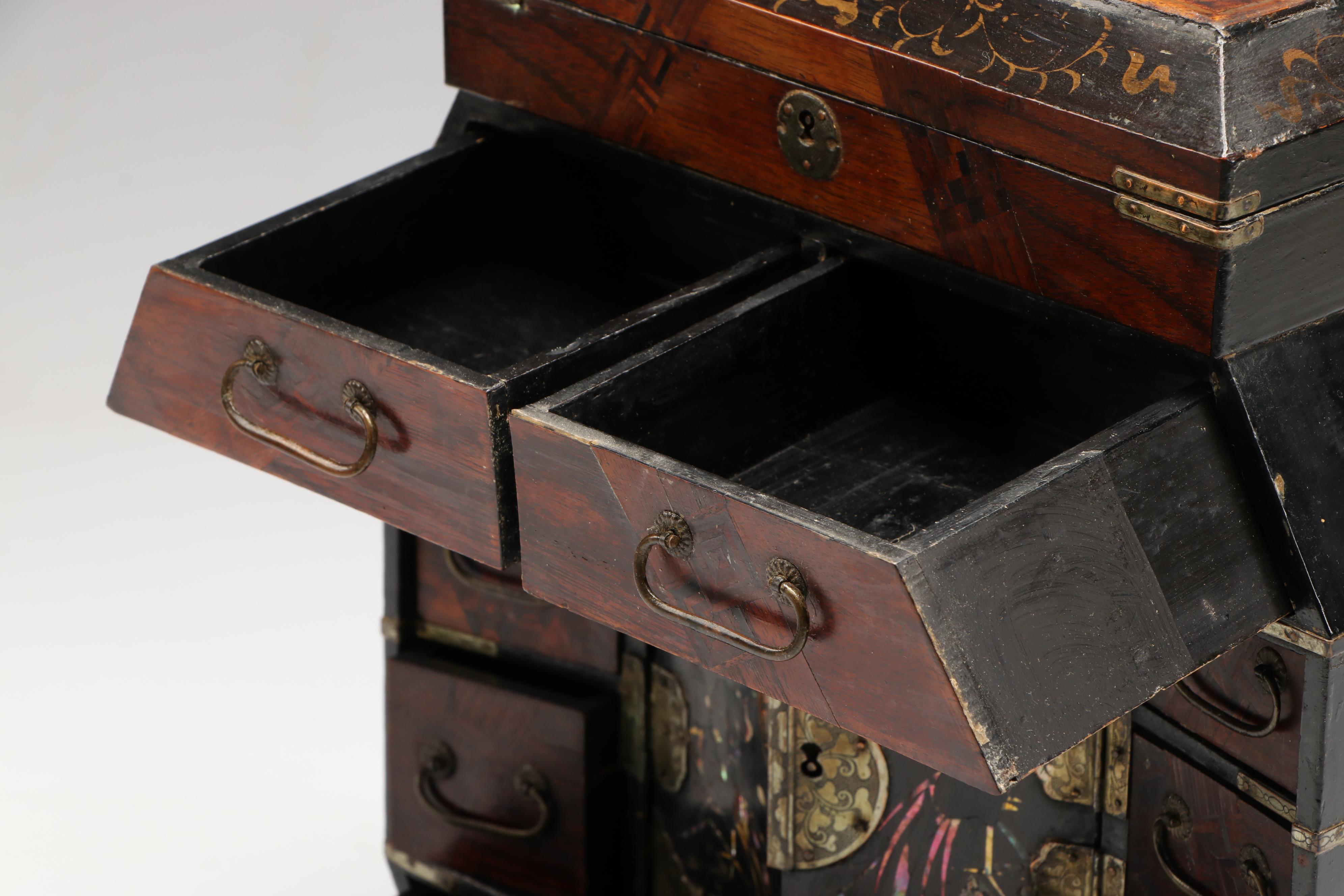 Abalone Inlaid with Rosewood and Exotic Woods Jewelry Box, Antique