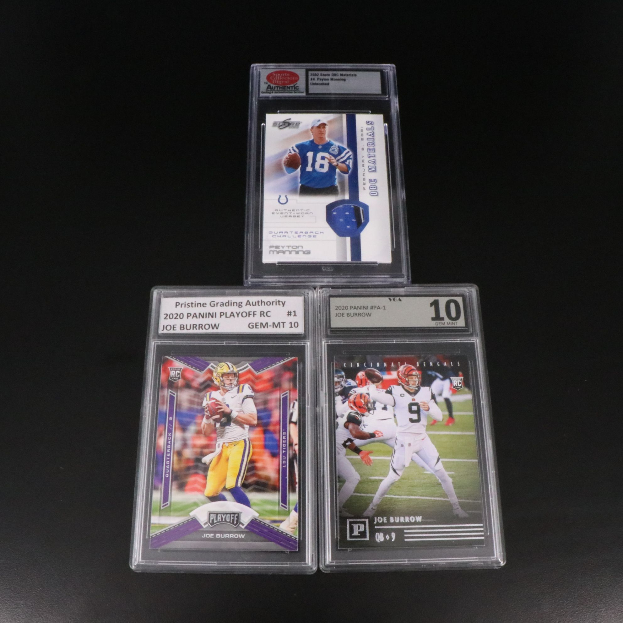 Joe Burrow Slabbed Rookie Football Cards with Peyton Manning Relic Card