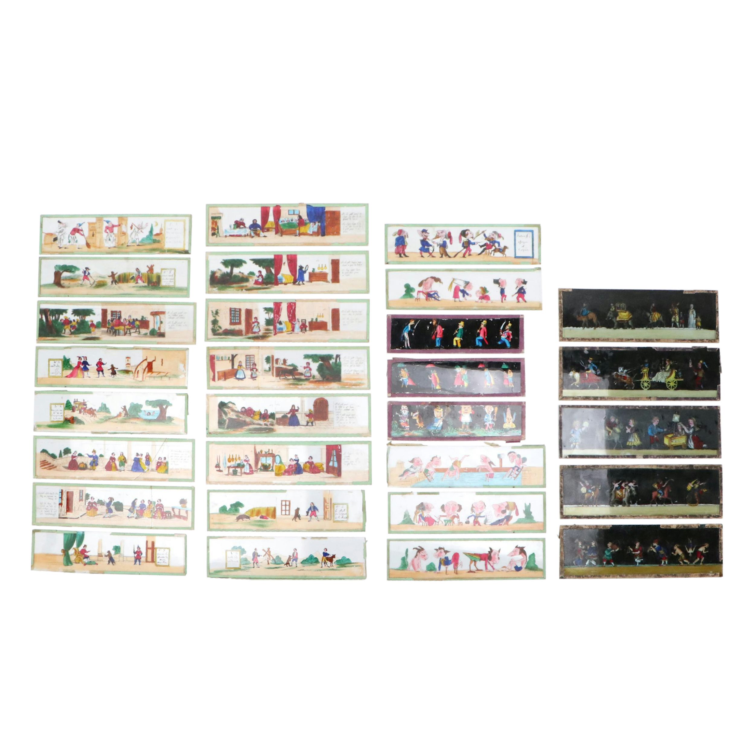 Collection of French School Hand-Painted Magic Lantern Glass Panels, 19th C.