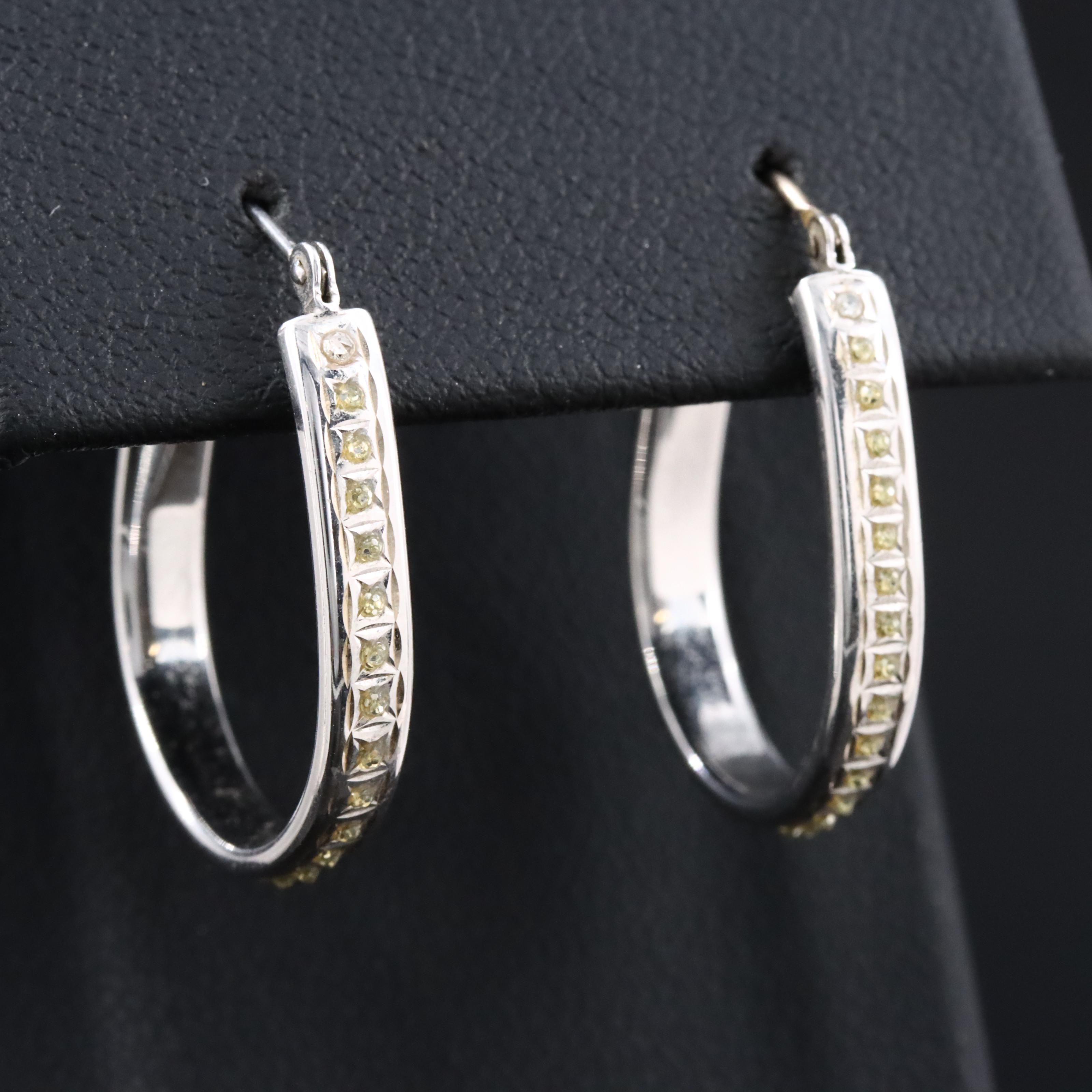 14K Oval Hoop Earrings with Diamond Accents