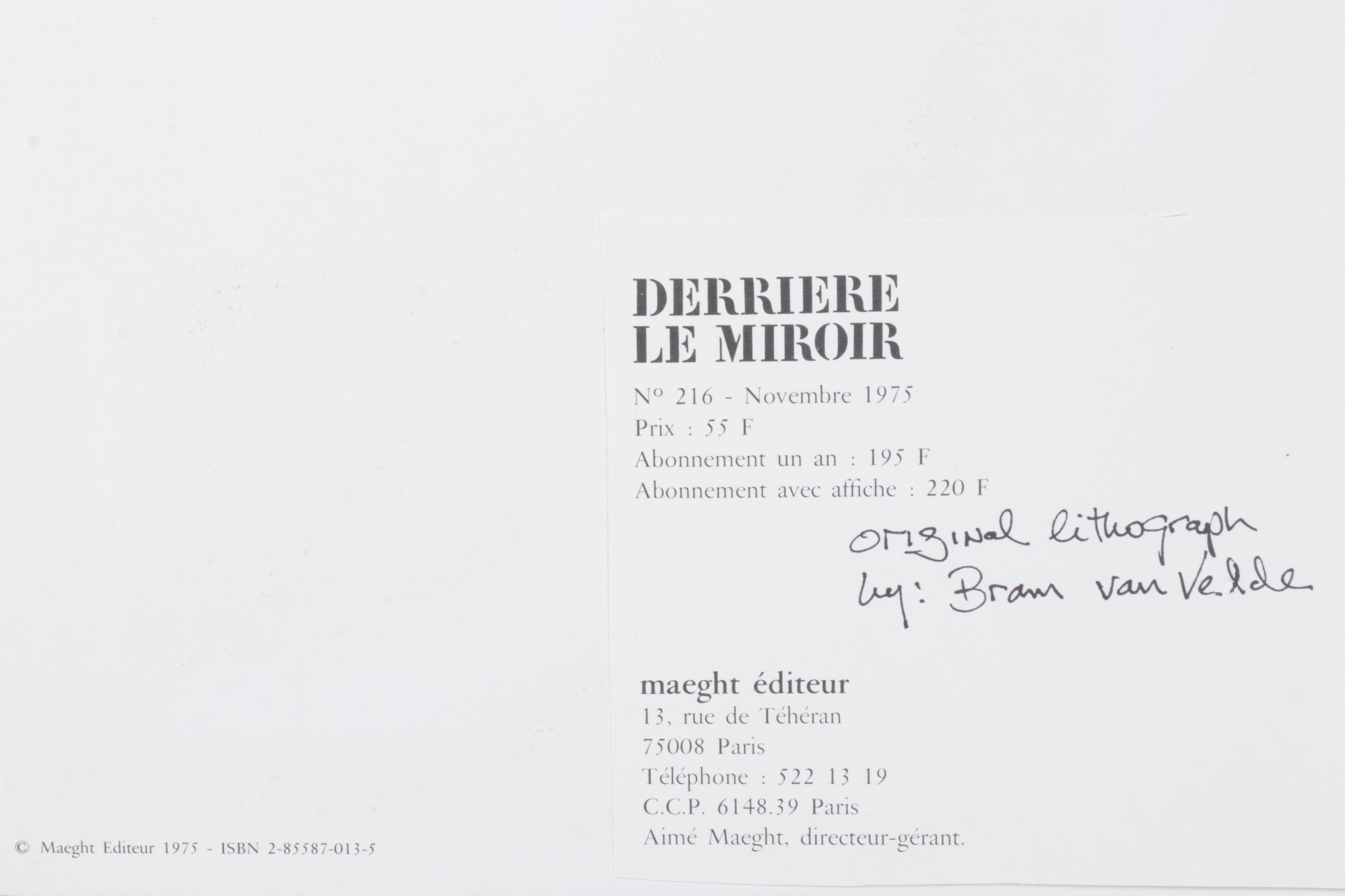 Bram van Velde Color Lithograph Cover Art for "Derriere le Miroir", 1975